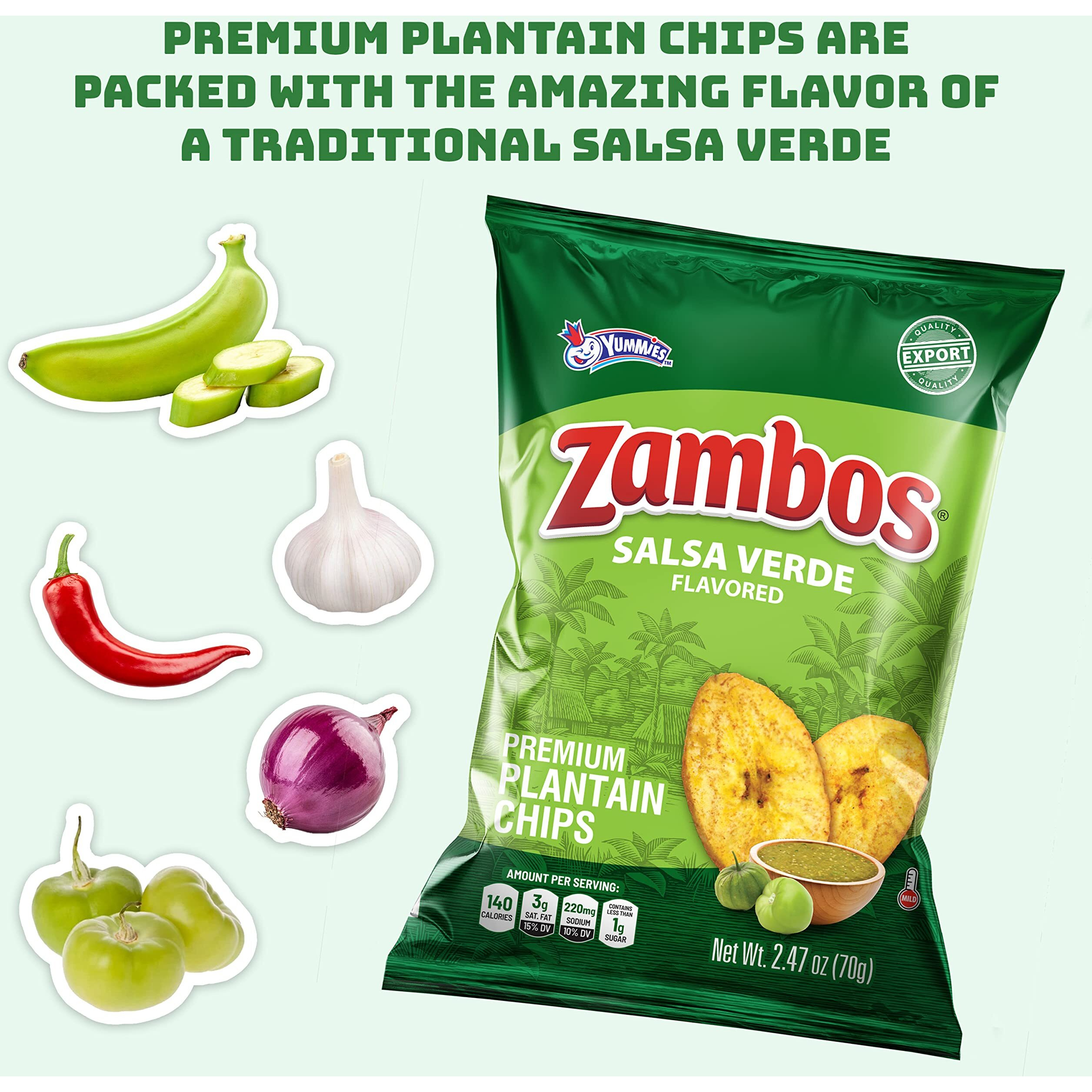 Zambos Plantain Chips Salsa Verde, Crunchy Premium Plantain Chips, 8 Pack 2.47 Ounce