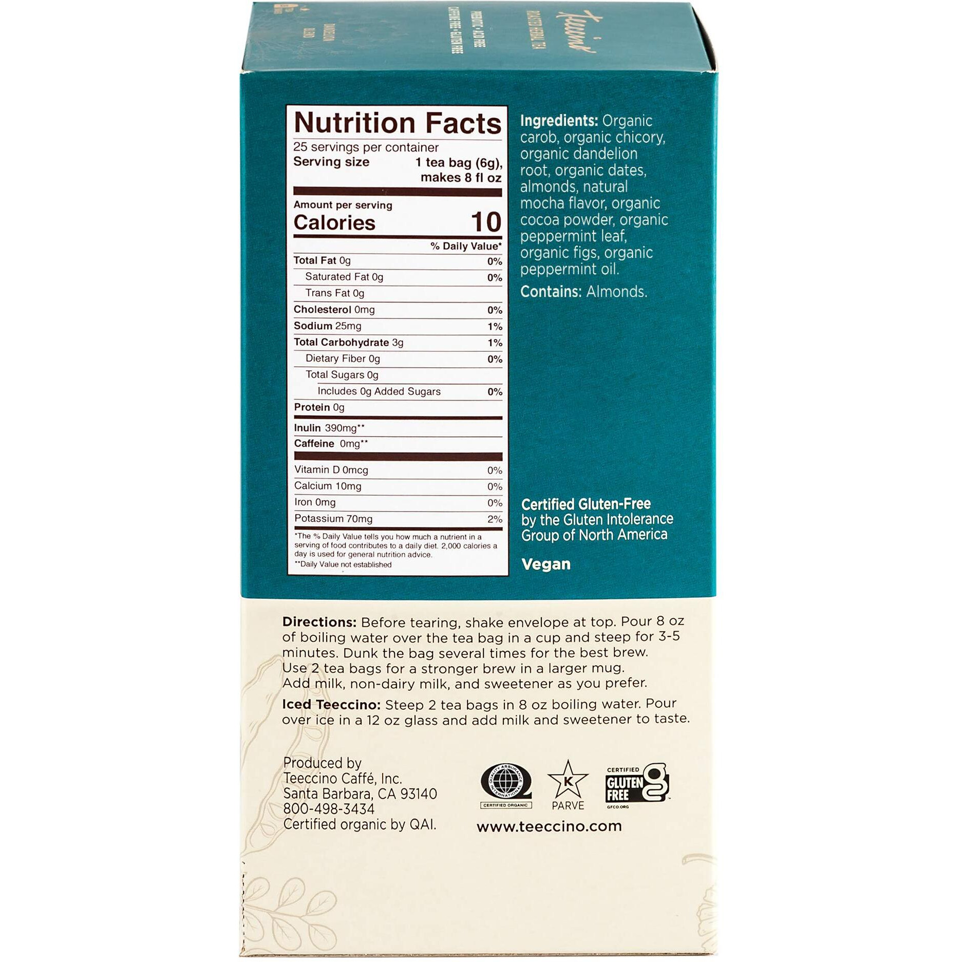 Teeccino Dandelion Mocha Mint Tea - Caffeine Free, Roasted Herbal Tea With Prebiotics, 3X More Herbs Than Regular Tea Bags, Gluten Free - 25 Tea Bags