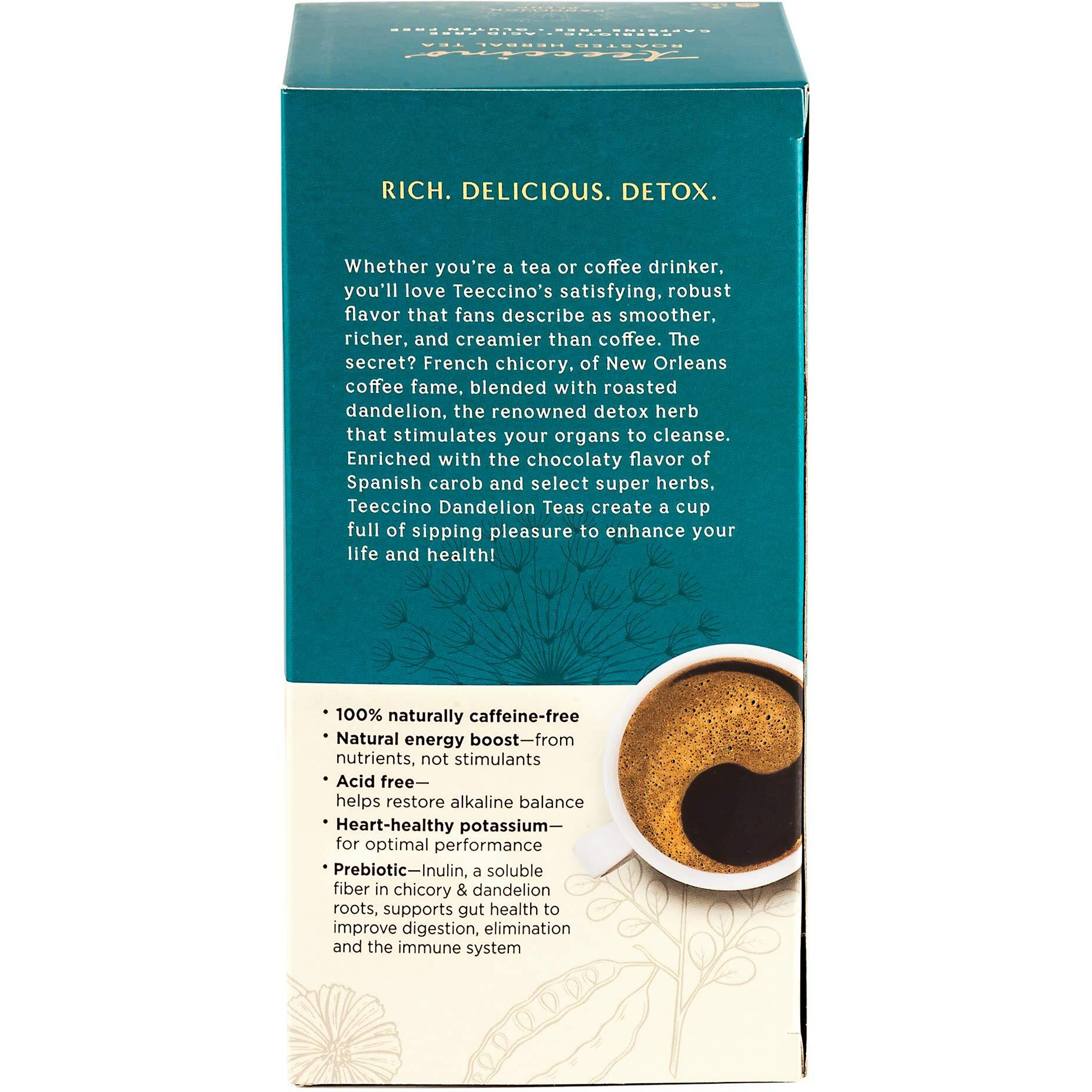 Teeccino Dandelion Mocha Mint Tea - Caffeine Free, Roasted Herbal Tea With Prebiotics, 3X More Herbs Than Regular Tea Bags, Gluten Free - 25 Tea Bags
