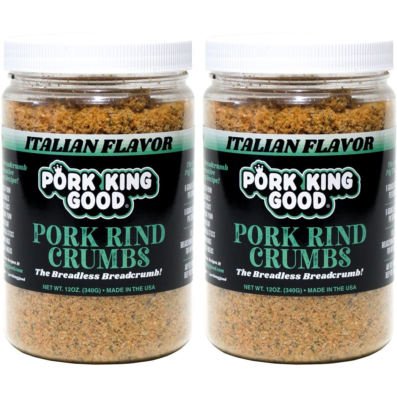 Pork King Good - Pork Rind Breadcrumbs - 2 Pack Keto Friendly, Paleo, Gluten-Free, Sugar Free, Zero Carb Panko Substitute (Two 12 Oz Jars) (Italian, 2 Pack)