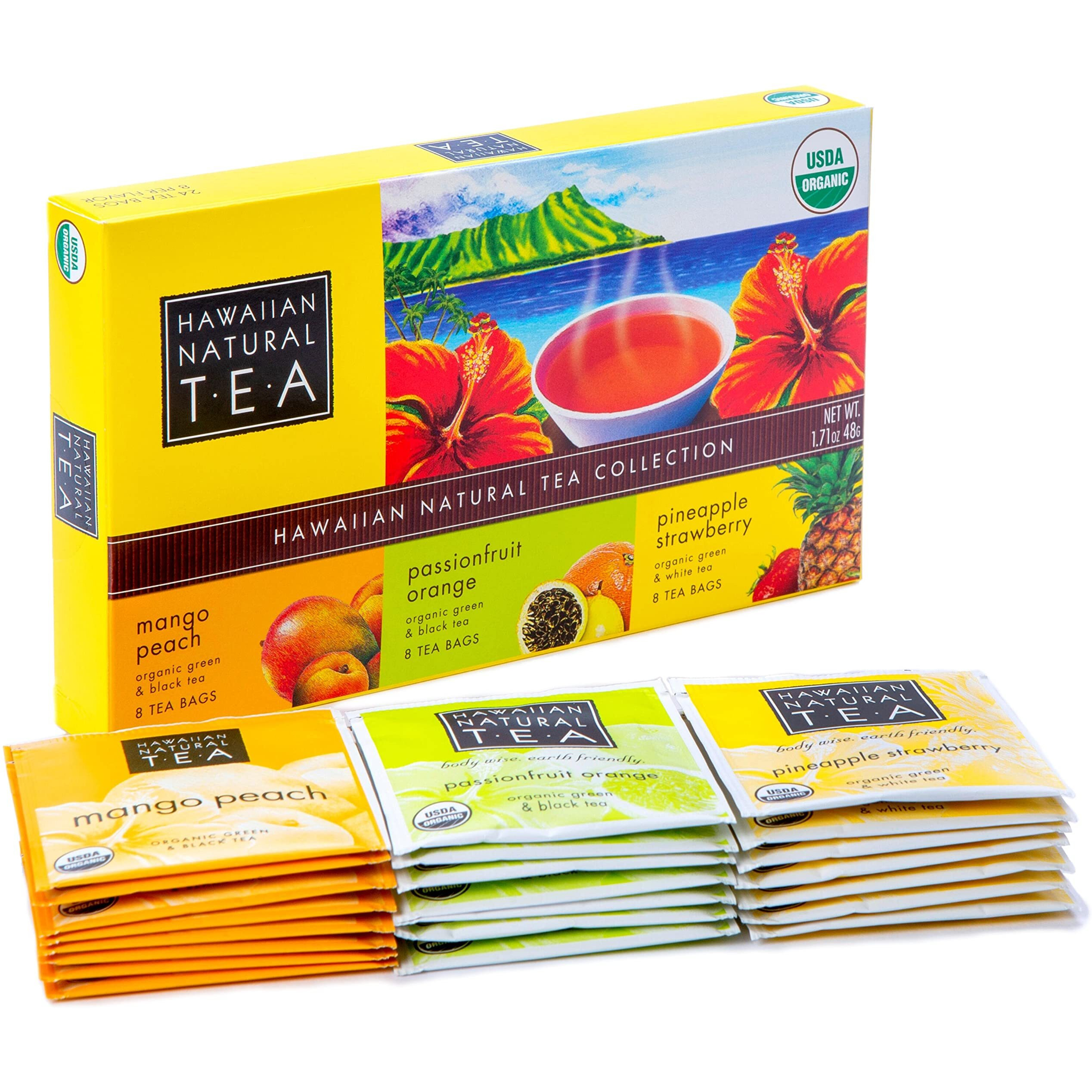 Hawaiian Natural Tea Organic Tropical Fruit Tea Sampler - Green Tea Blends With Black Tea & White Tea - Gift Box Set For Tea Lovers - 24 Tea Bags