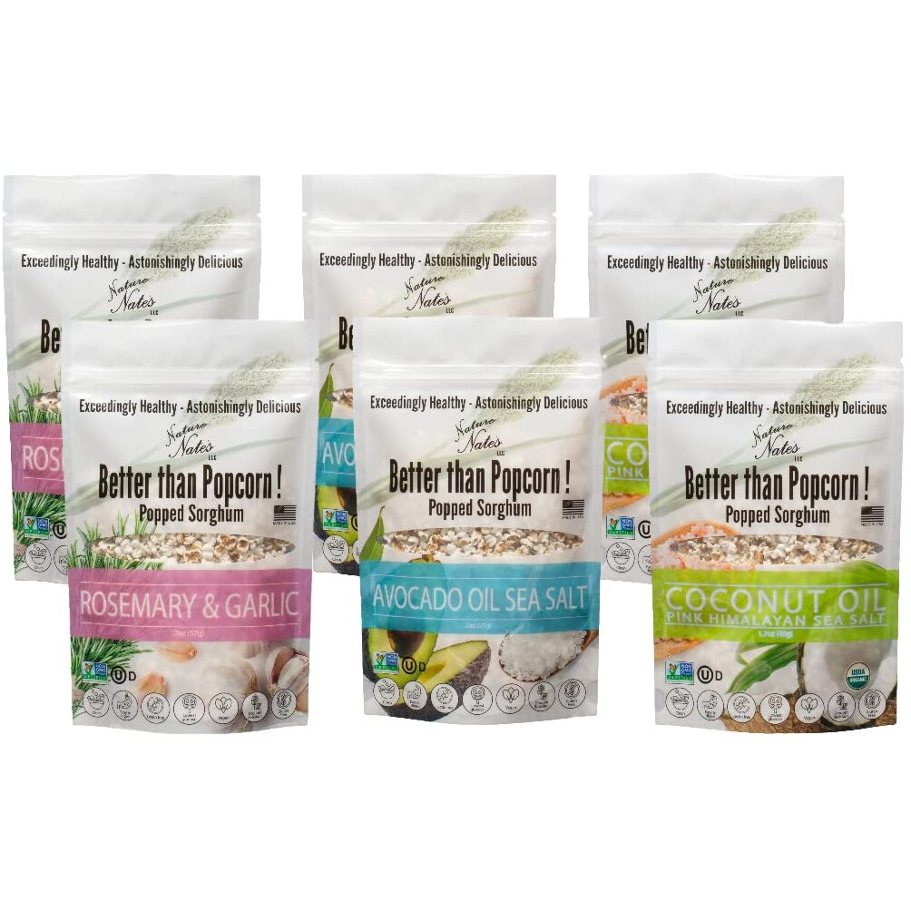 Nature Nates Popped Sorghum, Variety Multi Pack - Organic Sorghum, Keto & Gluten Free, Healthy Snacks, Better Than Popcorn, Made In Usa - 2 Ounce (Pack Of 6)
