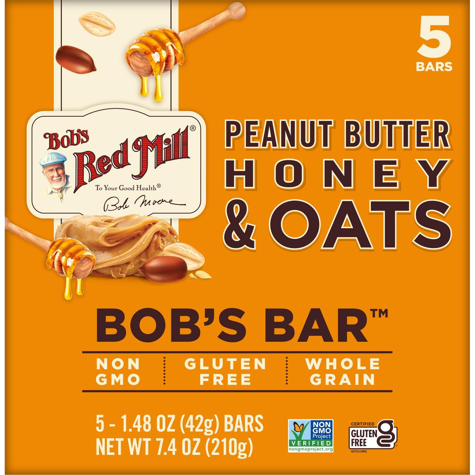 Bob's Red Mill Peanut Butter Honey & Oats Snack Bar - 5 Bars (Pack Of 1) - Gluten Free, Non-Gmo, Whole Grain
