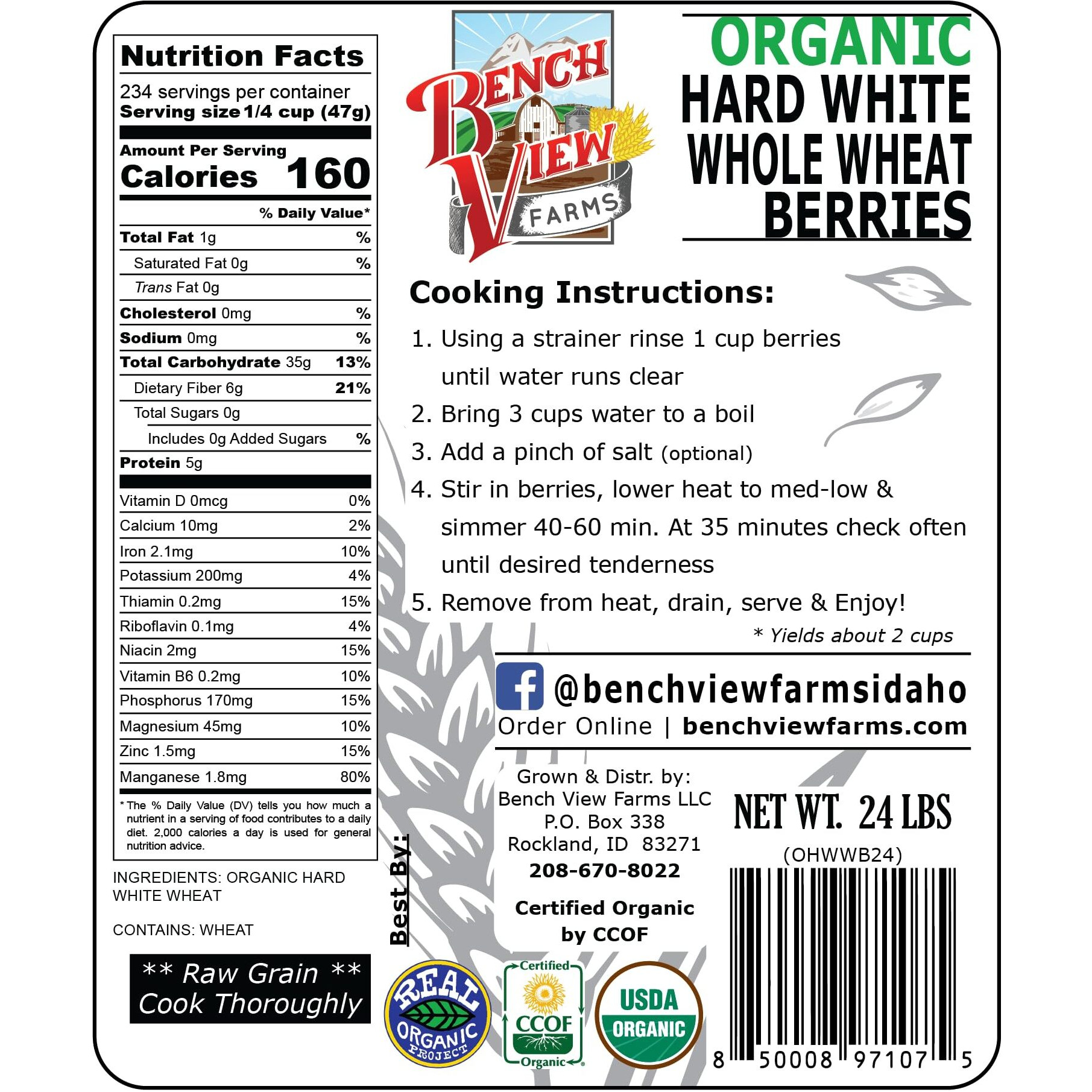 Organic Hard White Wheat Berries - 24Lbs