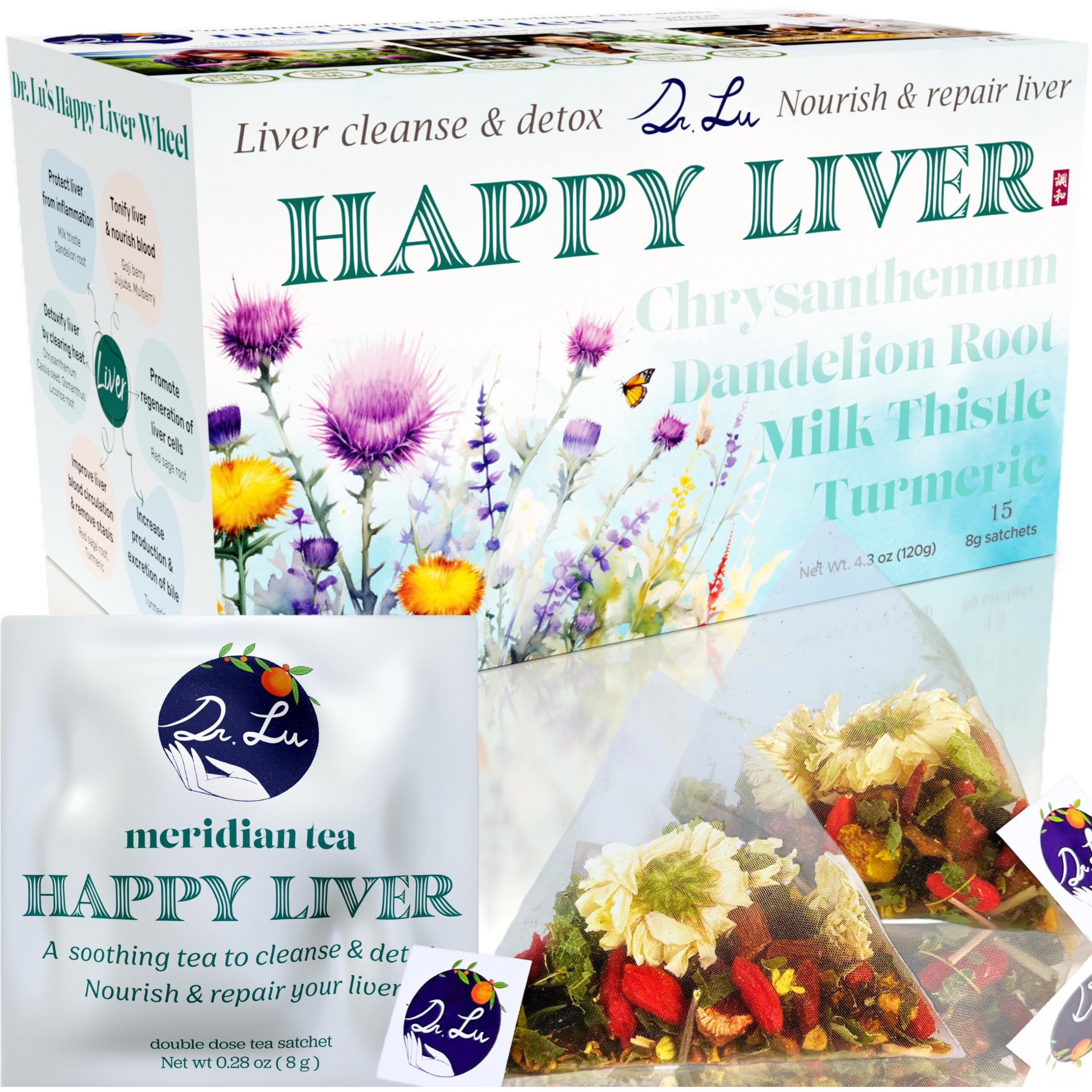 Dr. Lus Happy Liver Tea | 100% Natural Liver Cleanse Detox & Repair Tea Made In Us | 11-Flavor Milk Thistle, Turmeric, Chrysanthemum, Licorice Root, Dandelion Root Tea Blend For Liver Support