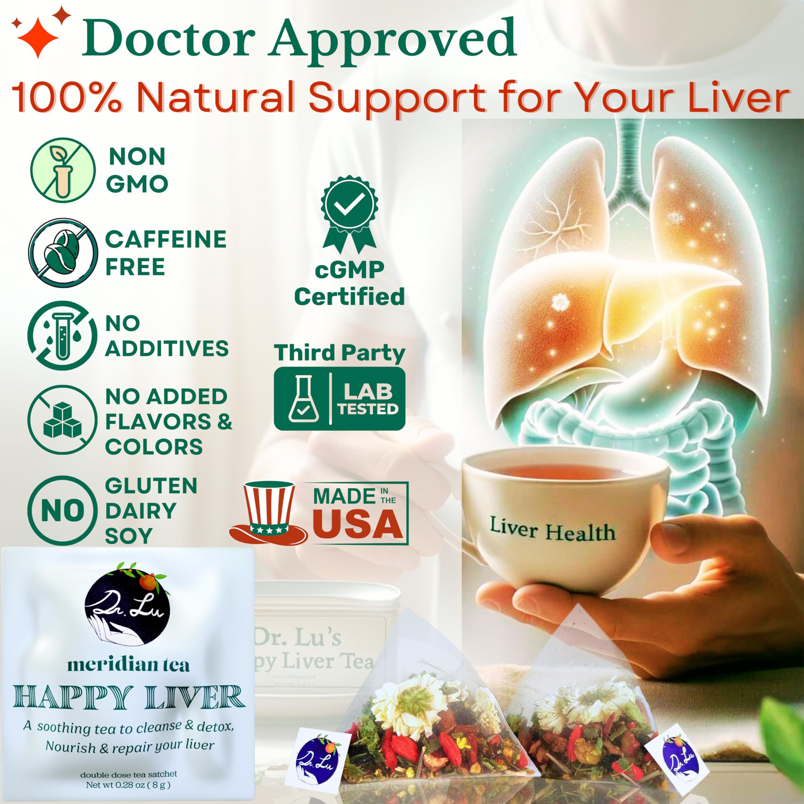 Dr. Lus Happy Liver Tea | 100% Natural Liver Cleanse Detox & Repair Tea Made In Us | 11-Flavor Milk Thistle, Turmeric, Chrysanthemum, Licorice Root, Dandelion Root Tea Blend For Liver Support