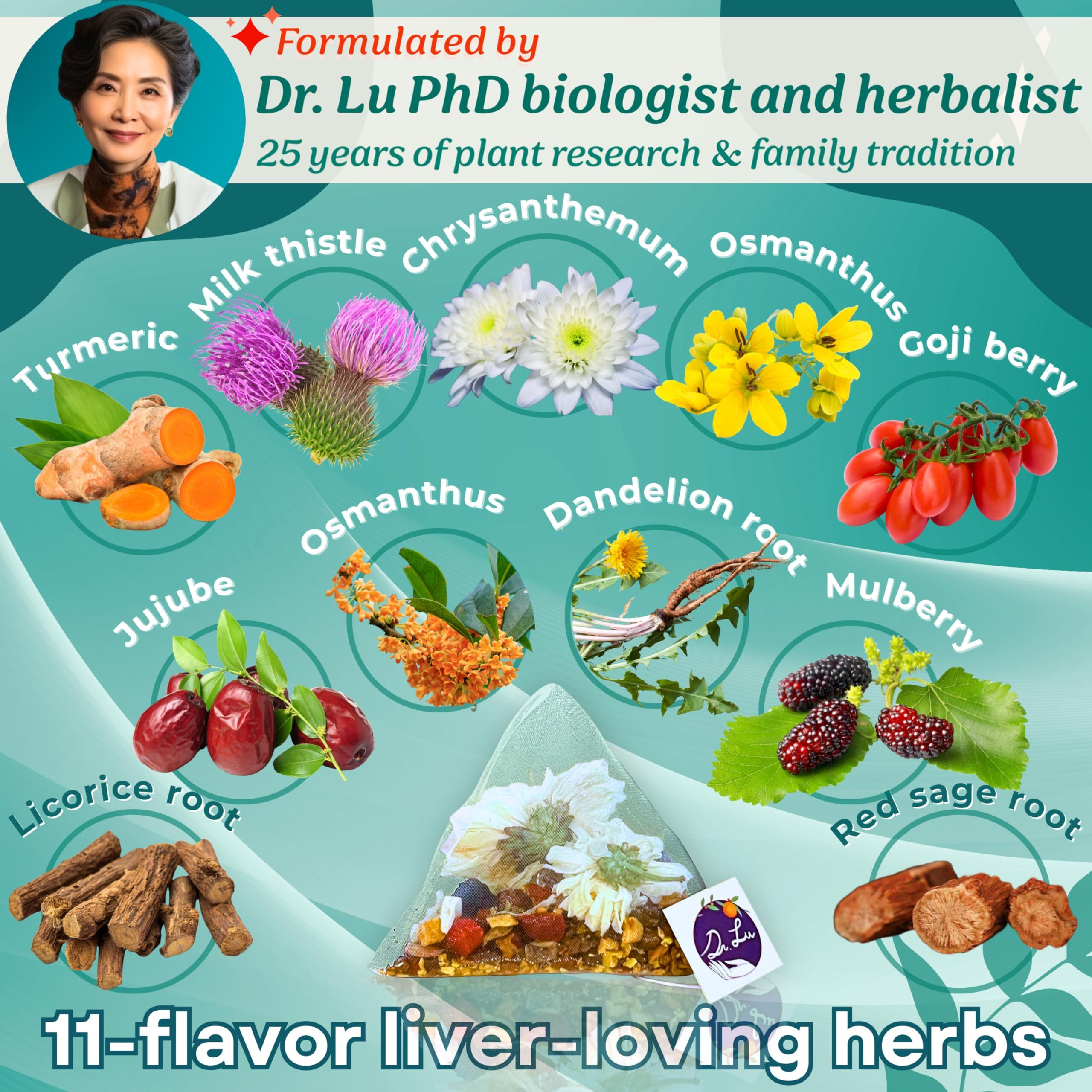 Dr. Lus Happy Liver Tea | 100% Natural Liver Cleanse Detox & Repair Tea Made In Us | 11-Flavor Milk Thistle, Turmeric, Chrysanthemum, Licorice Root, Dandelion Root Tea Blend For Liver Support