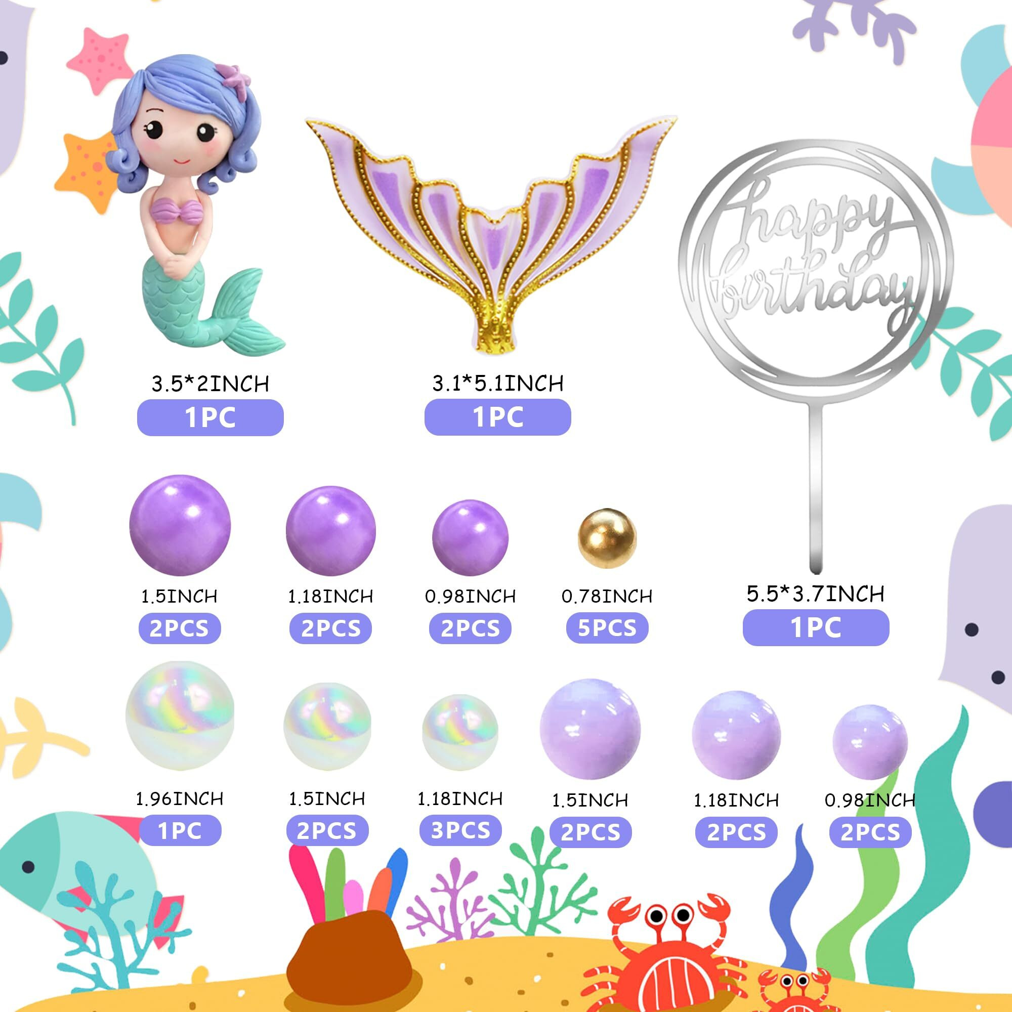 Mermaid Cake Toppers Under The Sea Mermaid Tail Cake Decorations Gold Purple Pearl Ball For Girl Kid Birthday Party Mermaid Theme Party Baby Shower Supplies (Style 2)