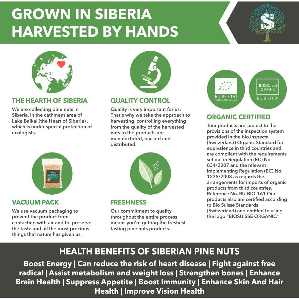 Organic Siberian Pine Nuts, Premium Quality, Vacuum Packed, European Organic Certificate.. (Pine Nuts, 10.58)