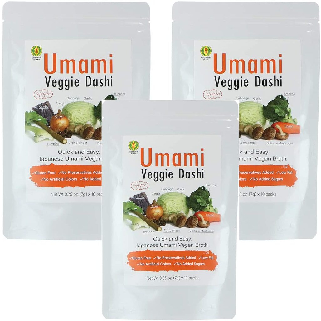 Kinjirushi Umami Veggie Broth Soup Packet Dashi Stock 2.47Oz, (7G  10Pcs) Miso Soup, Kombu, Ramen, Udon Noodles, Seasoning Packet, No Msg Seasoning, Gluten Free Vegetable, Dashi Broth, Vegan Soup Base, Instand Dashi, Shiitake, Natural Soup