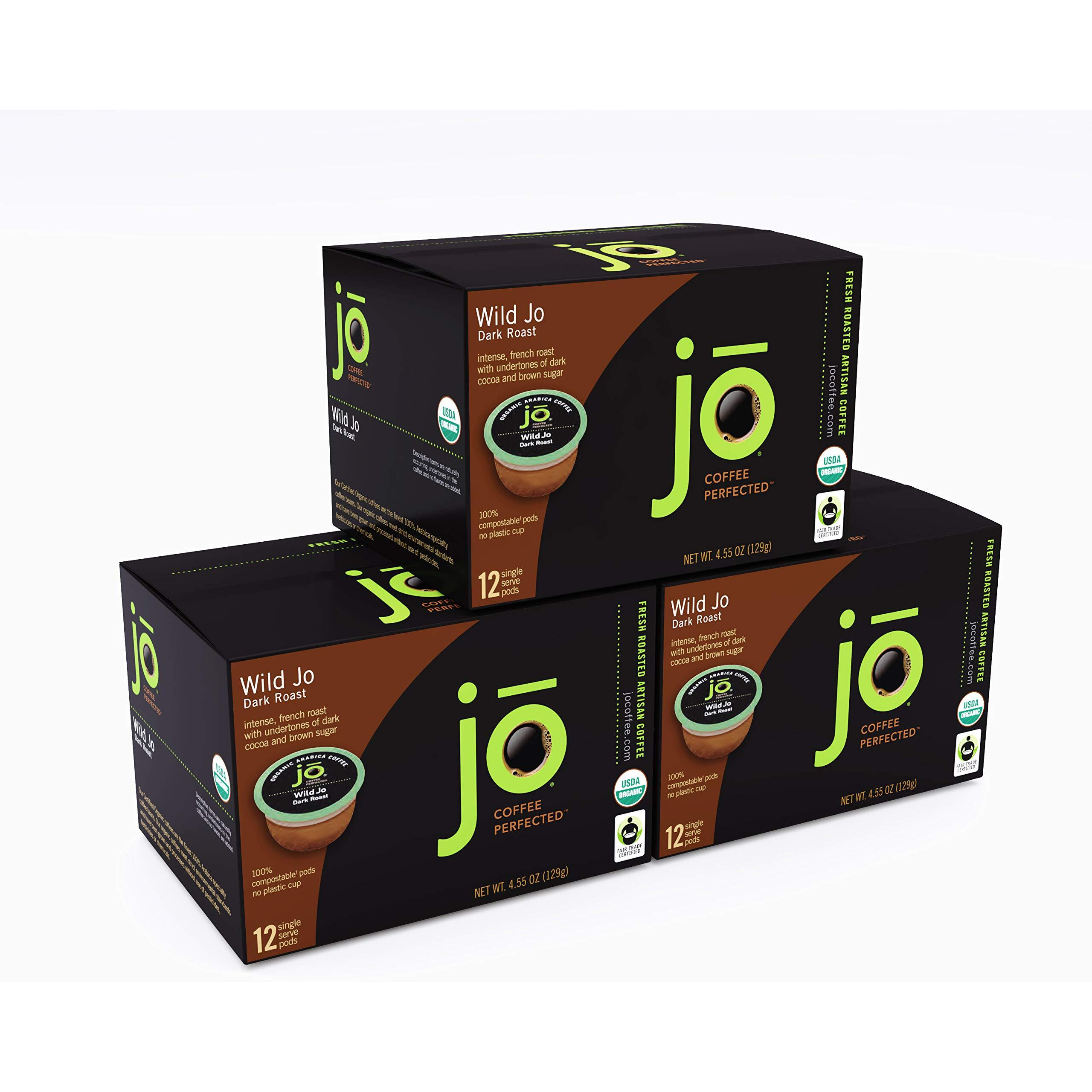 Wild Jo 36 Cup Organic Dark French Roast Compostable Coffee Pods For Keurig K-Cup Compatible Brewers | Bold Strong Rich Wicked Good | Eco-Friendly Single Serve | Fair Trade Certified Gluten Free