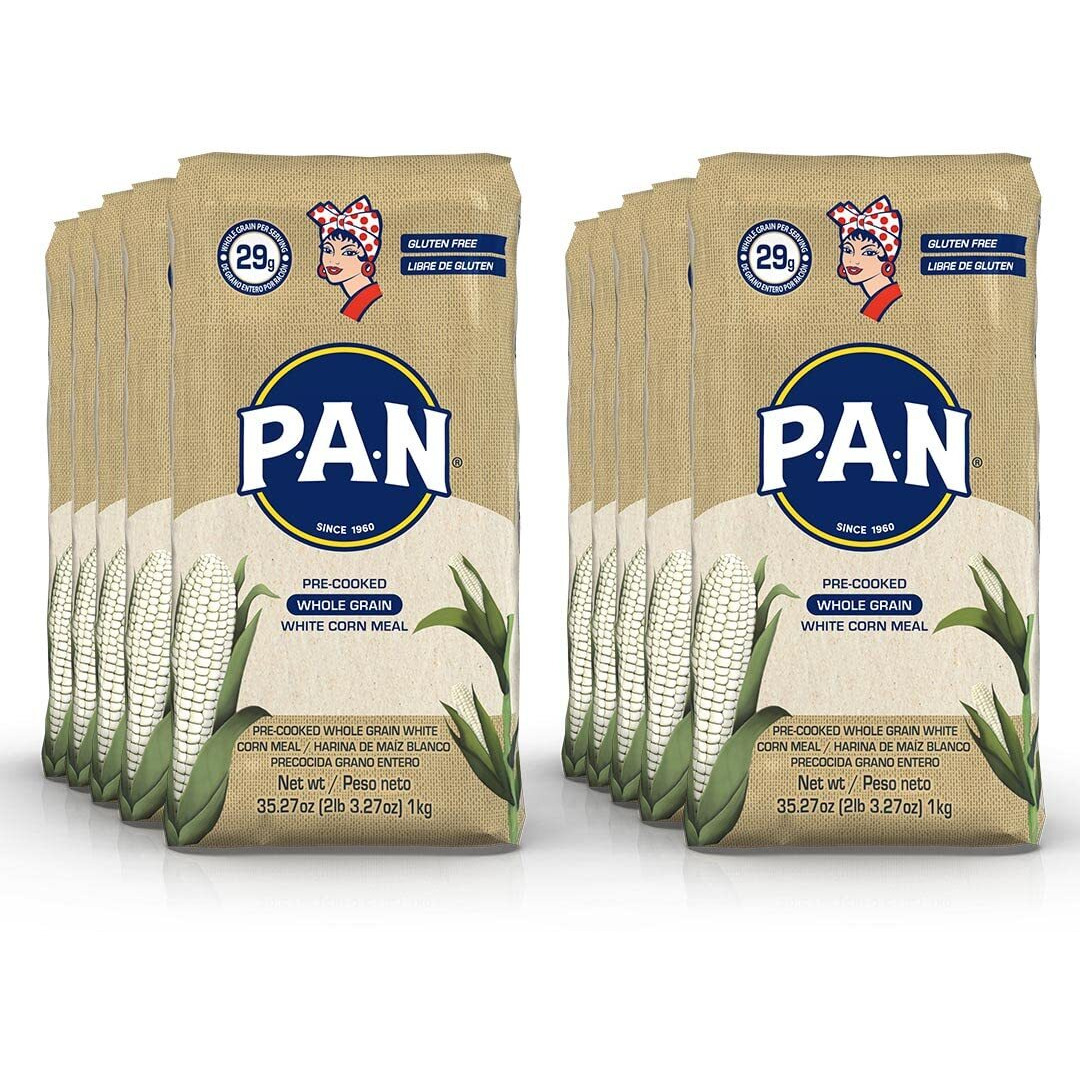 P.A.N. Whole Grain White Corn Meal - Pre-Cooked Gluten Free And Kosher Flour For Arepas (2.2 Lb/Pack Of 10)