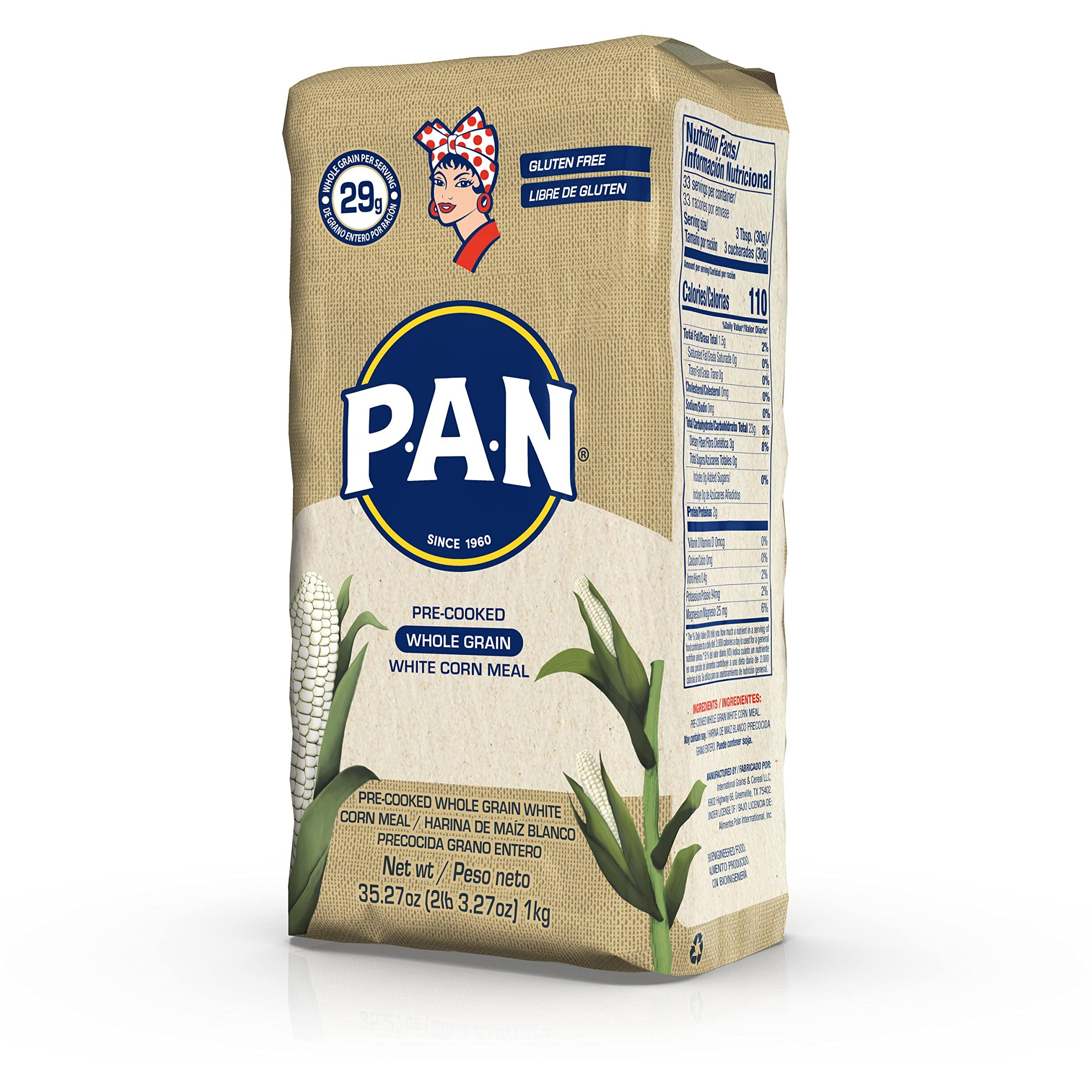 P.A.N. Whole Grain White Corn Meal - Pre-Cooked Gluten Free And Kosher Flour For Arepas (2.2 Lb/Pack Of 10)