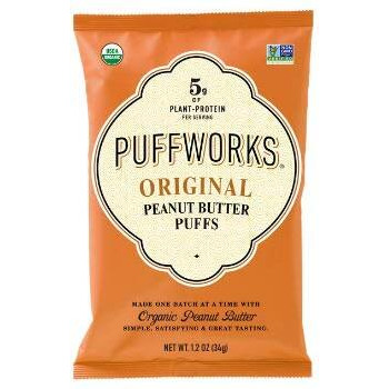 Puffworks Original Organic Peanut Butter Puffs, Plant-Based Protein Snack, Gluten- And Rice-Free, Vegan, Kosher, 1.2 Ounce (Pack Of 12)