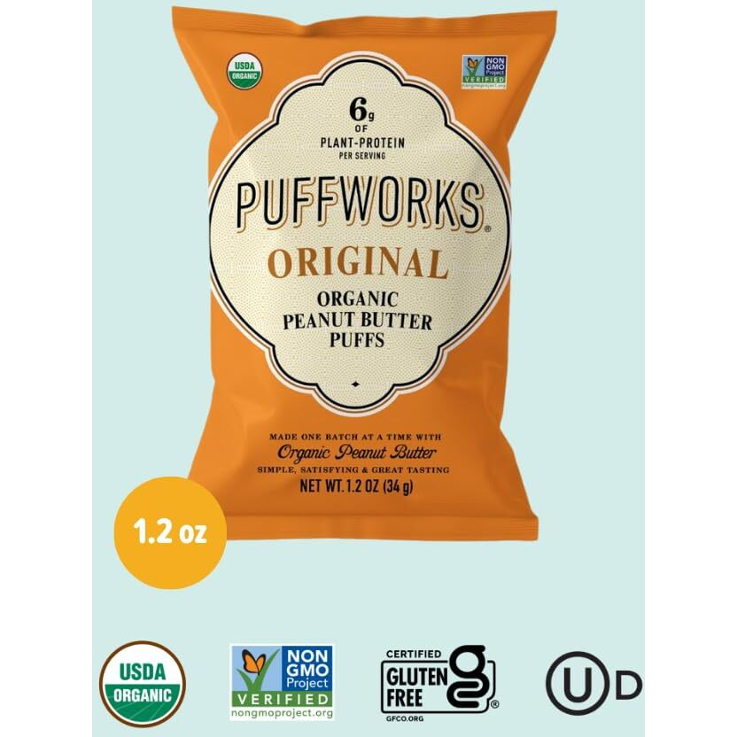 Puffworks Original Organic Peanut Butter Puffs, Plant-Based Protein Snack, Gluten- And Rice-Free, Vegan, Kosher, 1.2 Ounce (Pack Of 12)