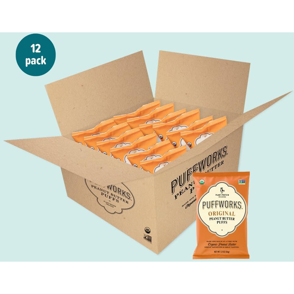 Puffworks Original Organic Peanut Butter Puffs, Plant-Based Protein Snack, Gluten- And Rice-Free, Vegan, Kosher, 1.2 Ounce (Pack Of 12)