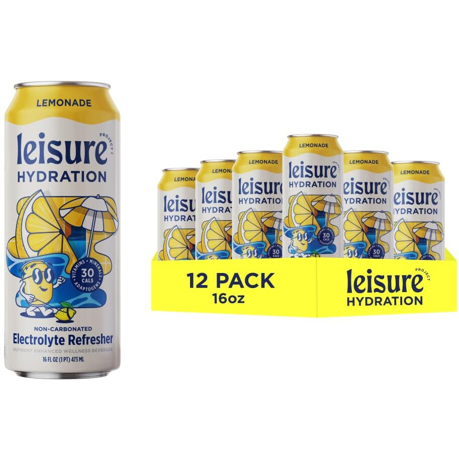 Leisure Drinks - Lemonade Electrolyte Drink [Electrolyte Refresher - 16Oz Cans, 12Pk] - Low Sugar Lemonade Hydration Drink - Healthy Hydration Packed W/ Magnesium & Ashwagandha For Mood & Stress Support