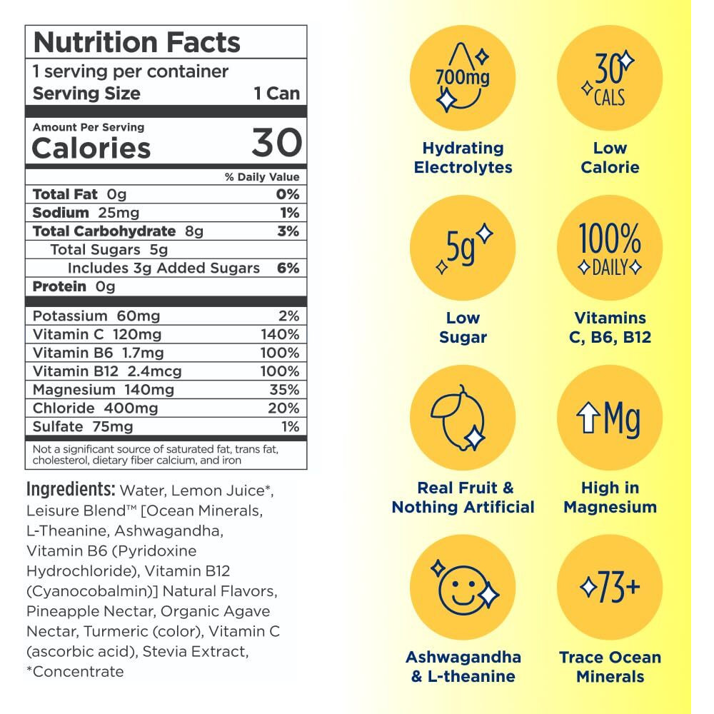 Leisure Drinks - Lemonade Electrolyte Drink [Electrolyte Refresher - 16Oz Cans, 12Pk] - Low Sugar Lemonade Hydration Drink - Healthy Hydration Packed W/ Magnesium & Ashwagandha For Mood & Stress Support