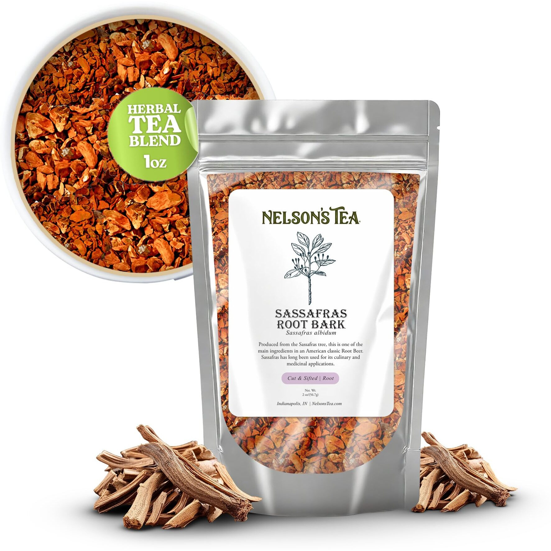 Nelson's Tea - Sassafras Root Bark - Cut & Sifted Sassafras Root Beer Flavor - Sassafras Albidum (1 Oz)