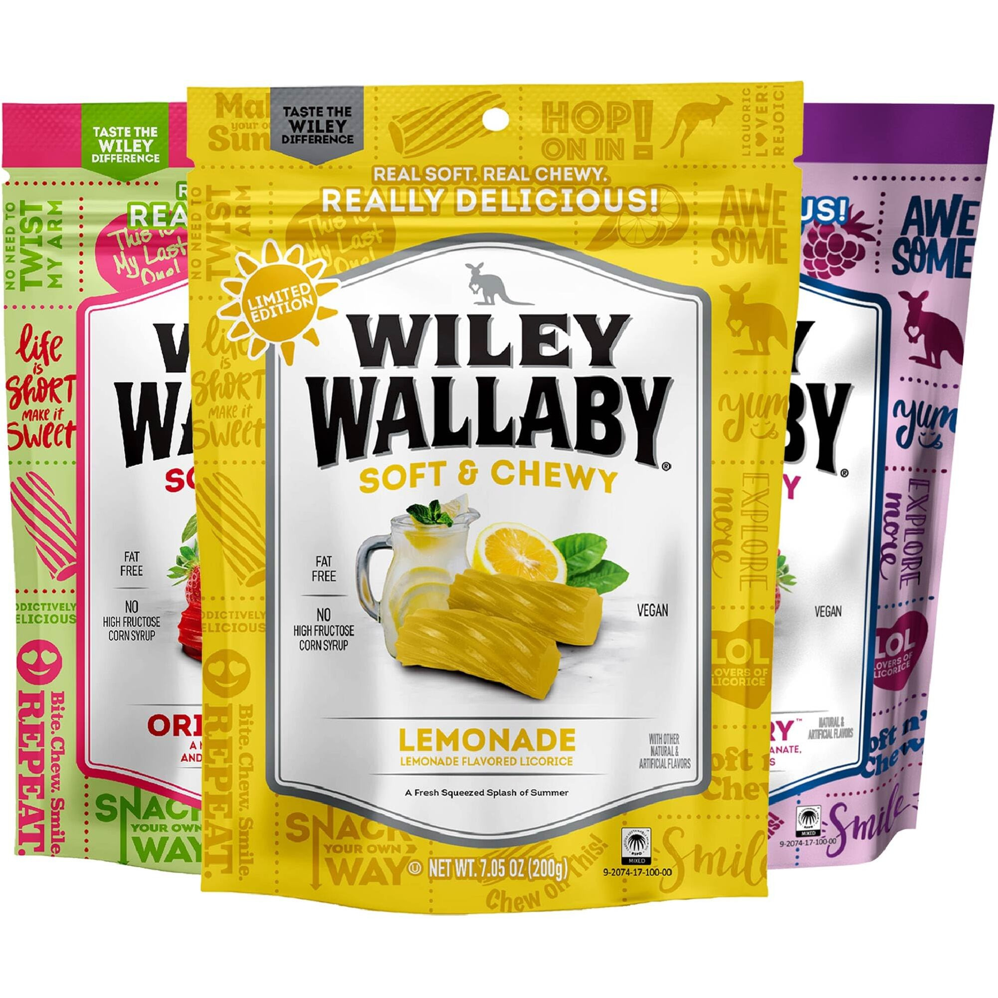Wiley Wallaby Licorice Variety Pack - Lemonade, Original Fruits, & Blasted Berry Gourmet Australian Style Soft & Chewy Licorice Candy, 3 Pack