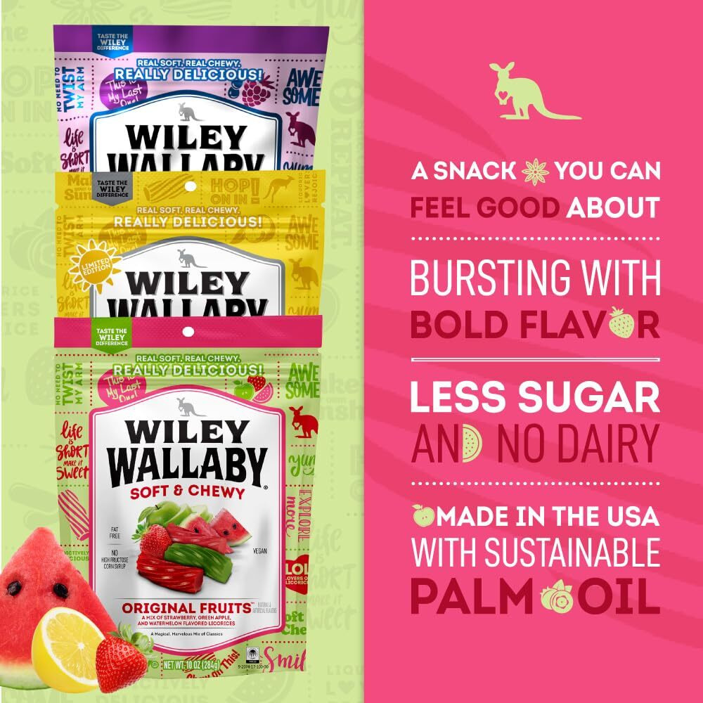Wiley Wallaby Licorice Variety Pack - Lemonade, Original Fruits, & Blasted Berry Gourmet Australian Style Soft & Chewy Licorice Candy, 3 Pack