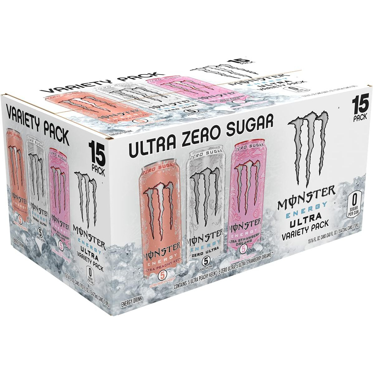 Monster Energy Ultra Variety Pack, Zero Ultra, Ultra Peachy Keen, Ultra Strawberry Dreams, Sugar Free Energy Drink, 16 Ounce (Pack Of 15)