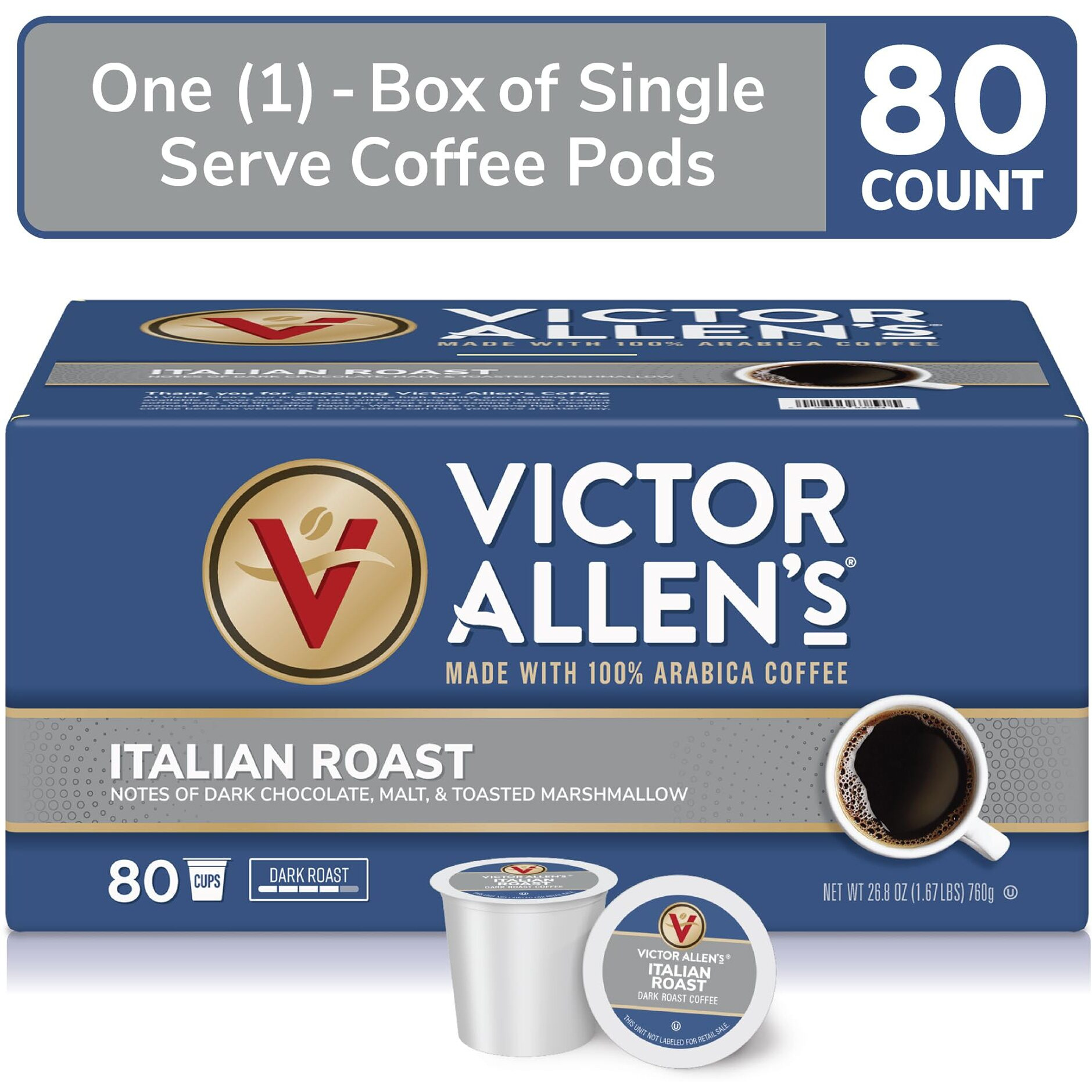 Victor Allen's Coffee Italian Roast, Dark Roast, 80 Count, Single Serve Coffee Pods For Keurig K-Cup Brewers