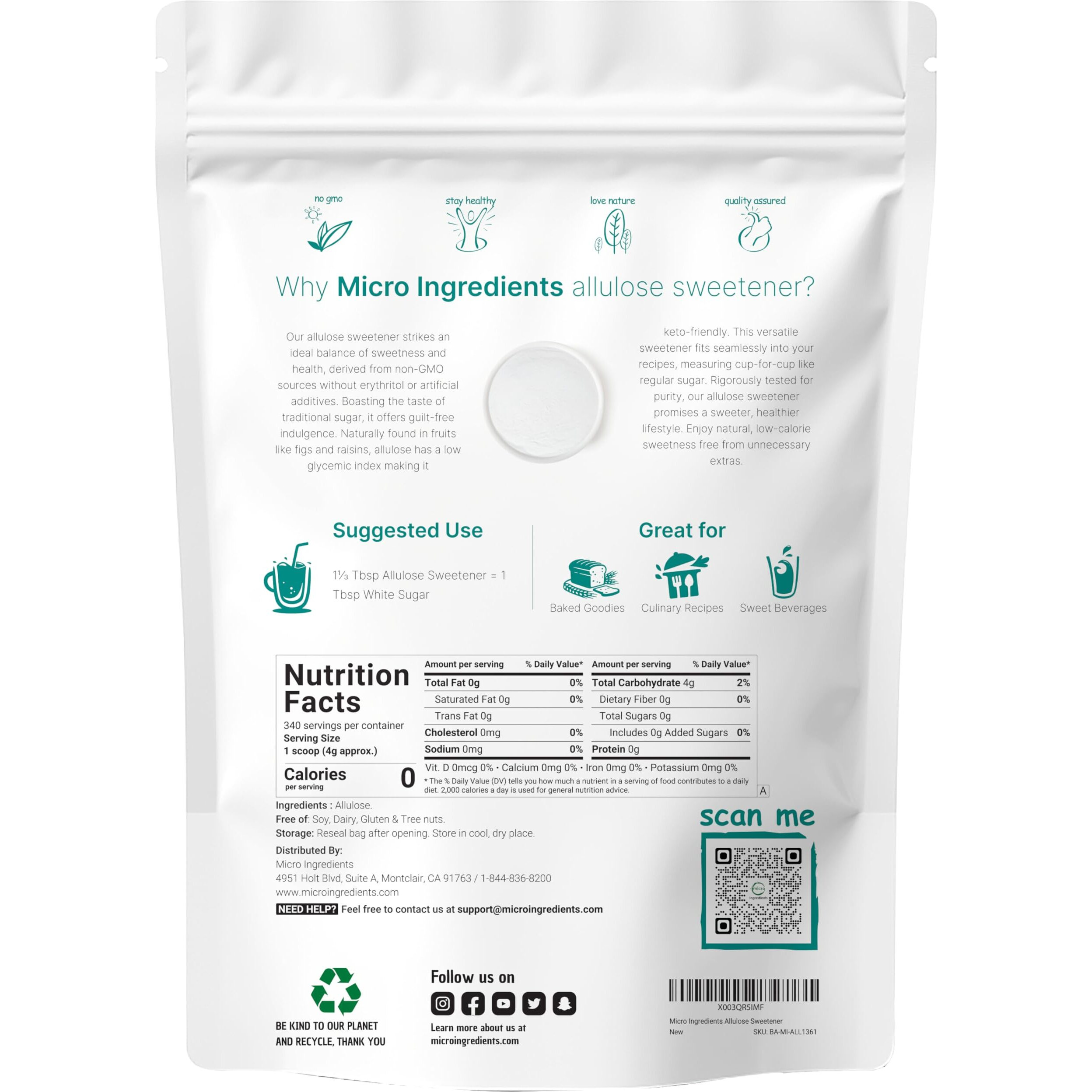 Allulose Sweetener, 3 Pounds (48 Ounces), Zero Calorie, Plant Based Sugar Alternative, No After Taste, Best For Coffee, Drinks, Tea, Cooking And Baking, Keto Diet And Vegan Friendly