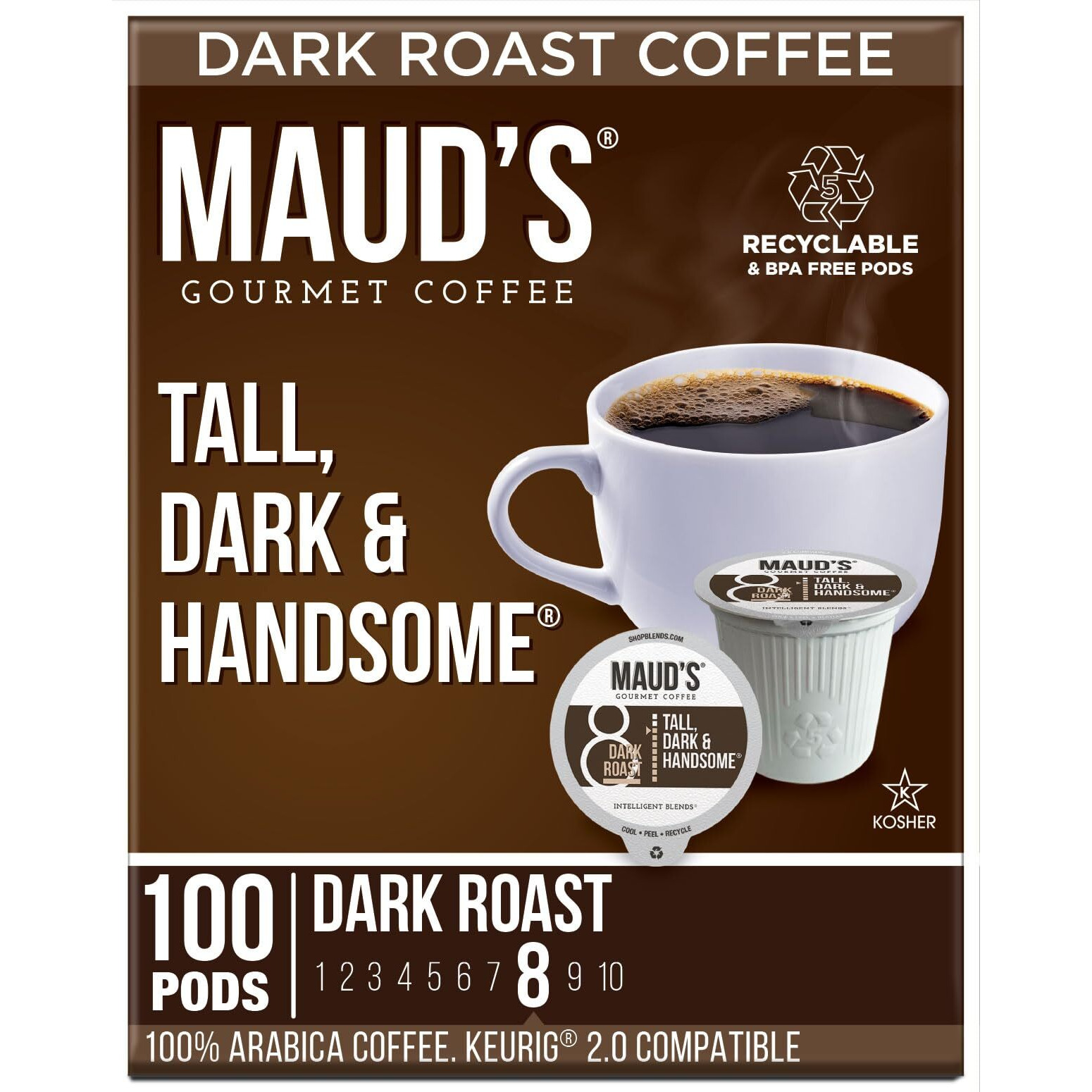 Maud's Dark Roast Coffee Pods, 100 Ct | Tall, Dark & Handsome Coffee Blend | 100% Arabica Dark Roast Coffee | Solar Energy Produced Recyclable Pods Compatible With Keurig K Cups Maker