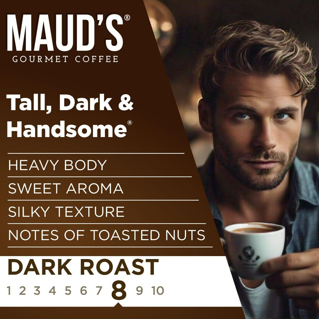 Maud's Dark Roast Coffee Pods, 100 Ct | Tall, Dark & Handsome Coffee Blend | 100% Arabica Dark Roast Coffee | Solar Energy Produced Recyclable Pods Compatible With Keurig K Cups Maker