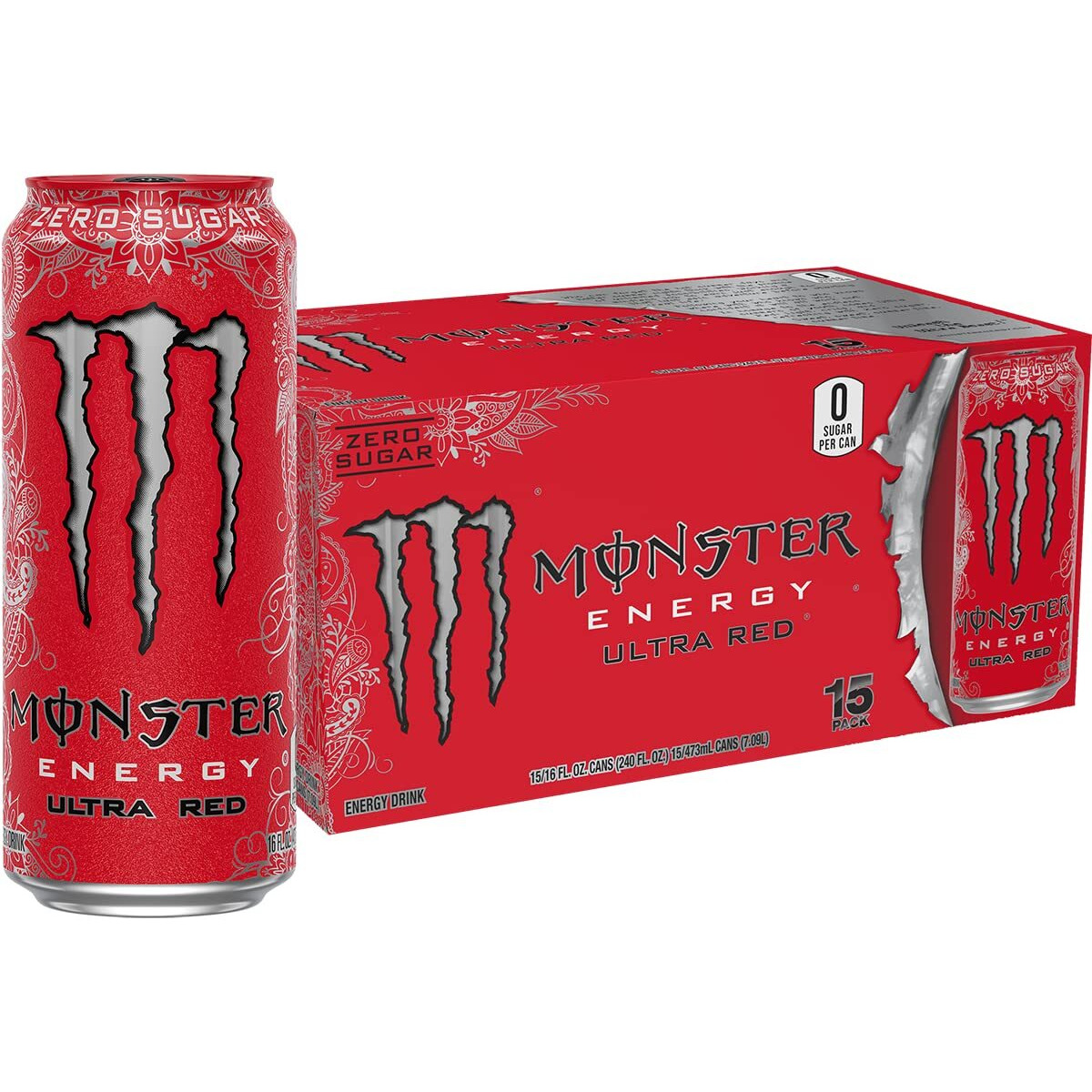 Monster Energy Ultra Red, Sugar Free Energy Drink, 16 Ounce (Pack Of 15)