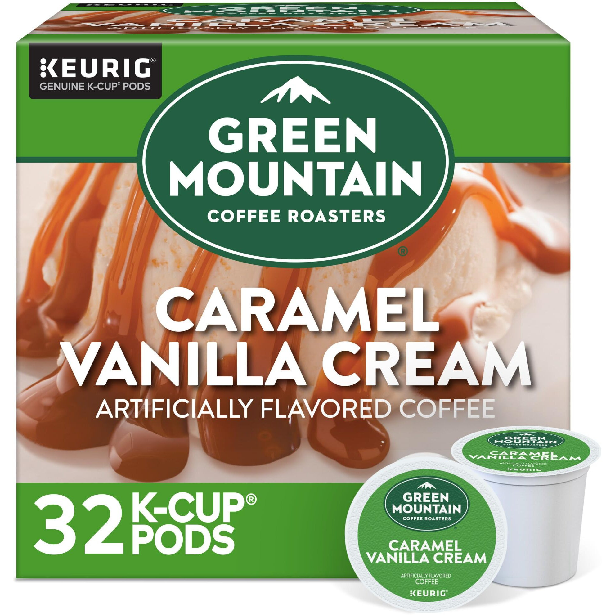 Green Mountain Coffee Roasters Caramel Vanilla Cream, Single-Serve Keurig K-Cup Pods, Flavored Light Roast Coffee Pods, 32 Count