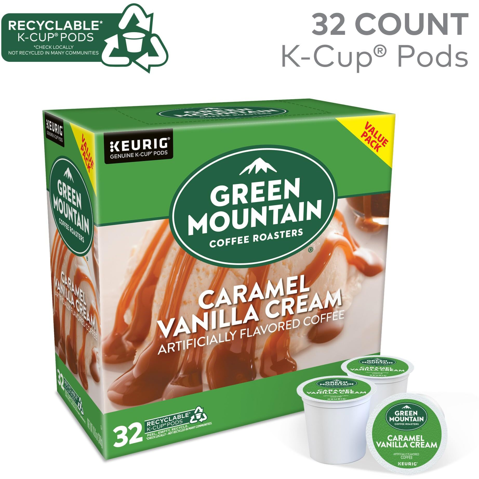 Green Mountain Coffee Roasters Caramel Vanilla Cream, Single-Serve Keurig K-Cup Pods, Flavored Light Roast Coffee Pods, 32 Count