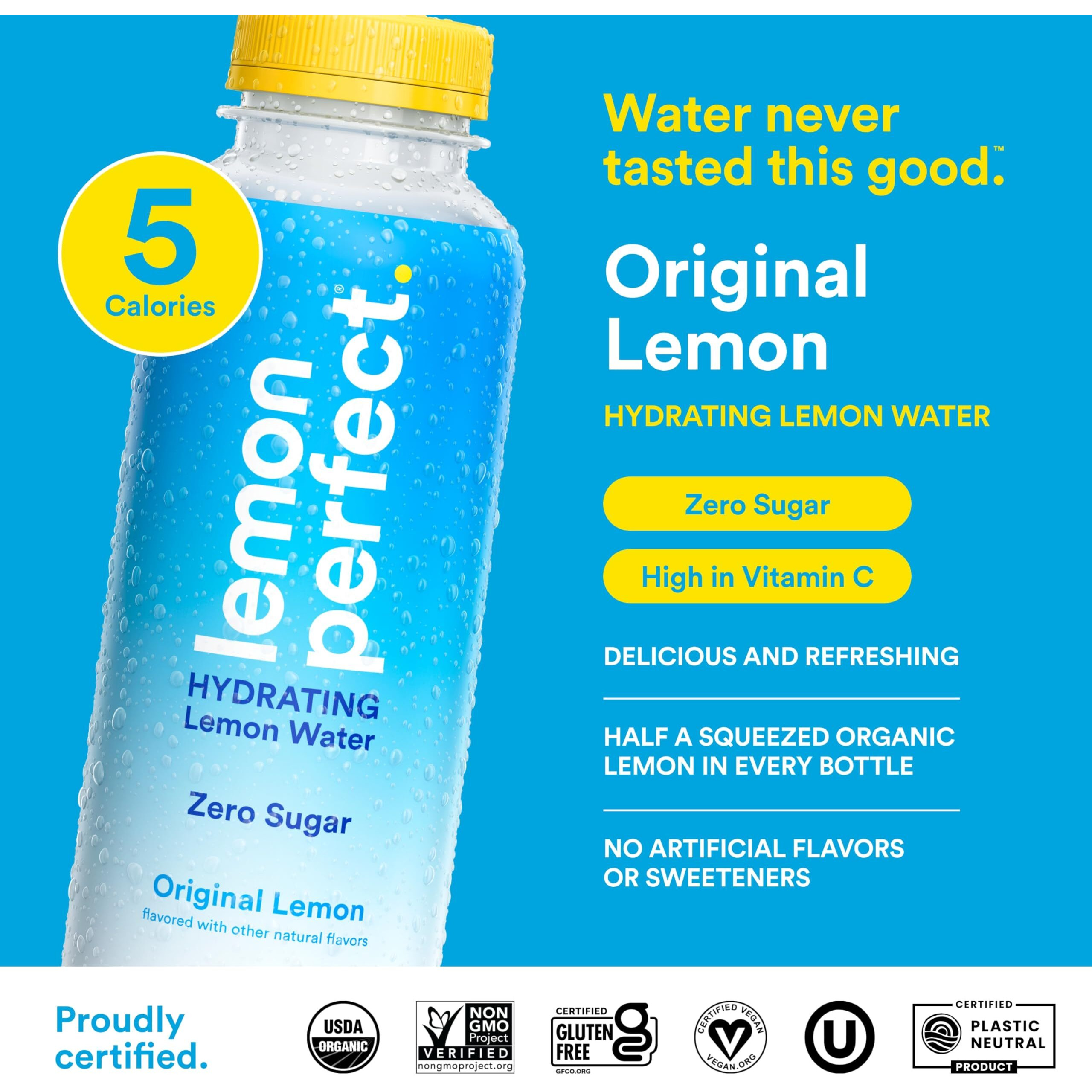 Lemon Perfect Original Lemon, Hydrating Flavored Lemon Water, Zero Sugar, Delicious And Refreshing, Organic, 15.2 Fl Oz Bottles (12-Pack)