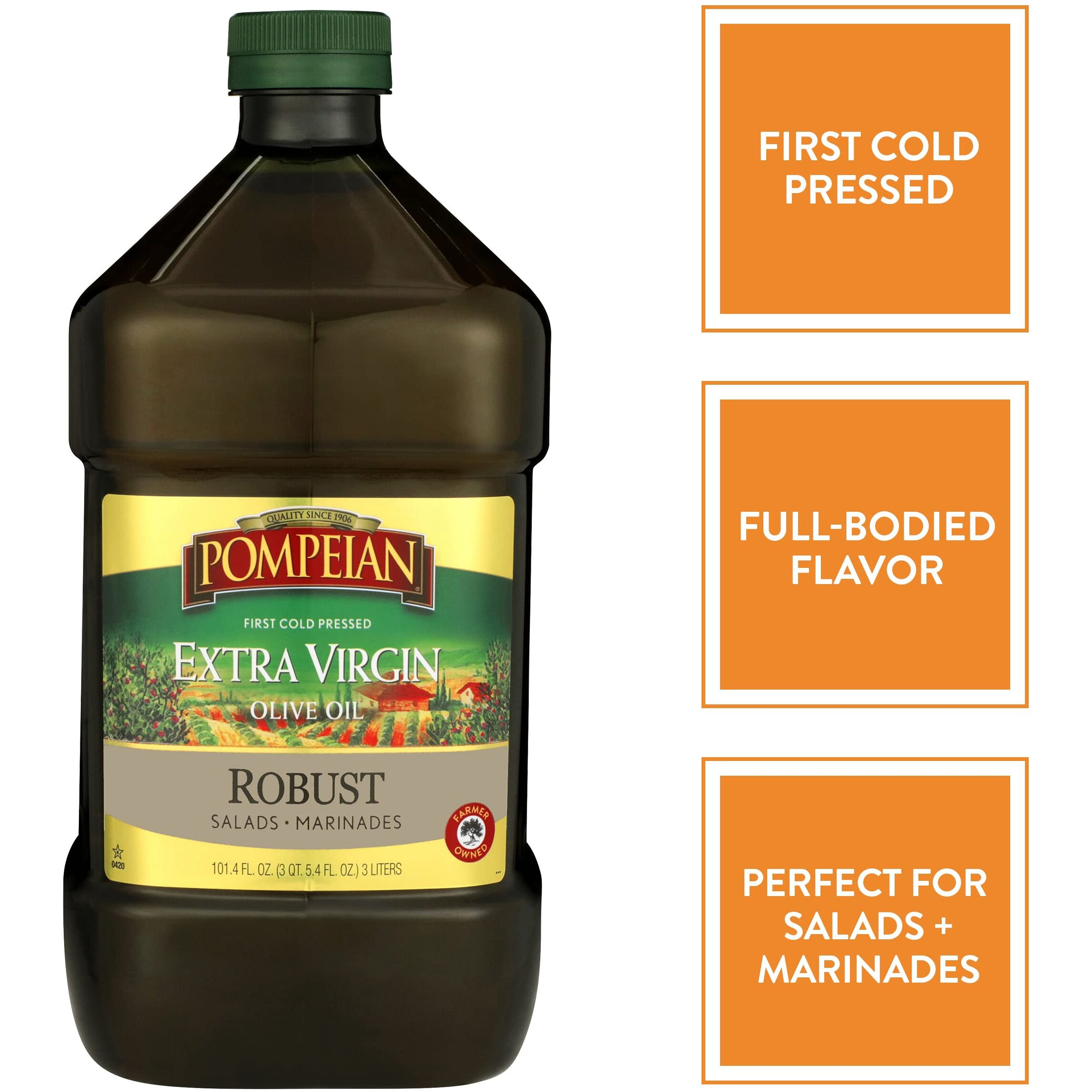 Pompeian Robust Extra Virgin Olive Oil, First Cold Pressed, Full-Bodied Flavor, Perfect For Salad Dressings & Marinades, 101 Fl. Oz.