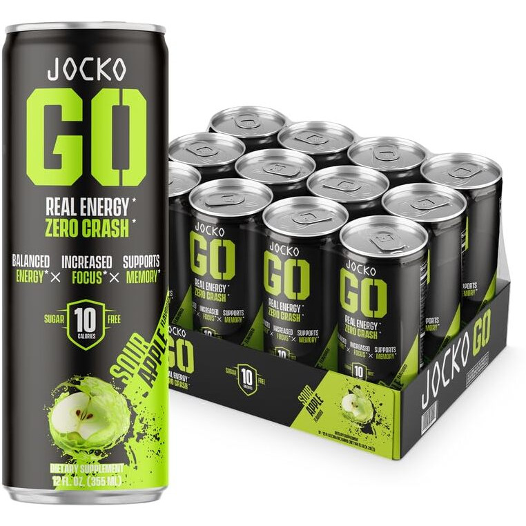 Jocko Go Energy Drink - Keto, Vitamin B12, Vitamin B6, Electrolytes, L Theanine, Magnesium- All Natural Energy Boost, Sugar Free Nootropic Monk Fruit Blend - 12 Pack (Sour Apple Flavor)