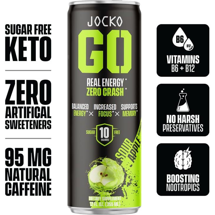 Jocko Go Energy Drink - Keto, Vitamin B12, Vitamin B6, Electrolytes, L Theanine, Magnesium- All Natural Energy Boost, Sugar Free Nootropic Monk Fruit Blend - 12 Pack (Sour Apple Flavor)