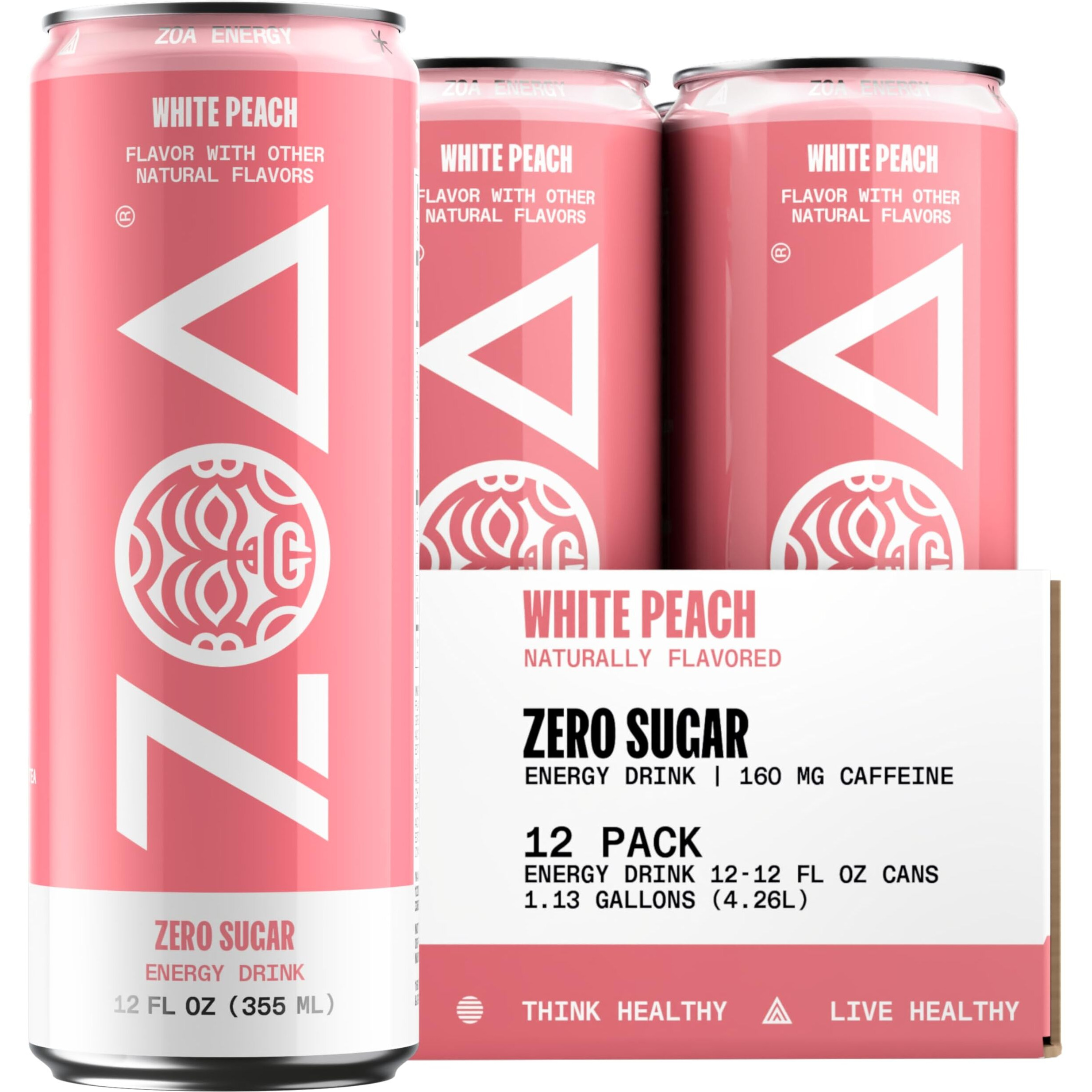 Zoa Zero Sugar Energy Drinks, White Peach - Sugar Free With Electrolytes, Healthy Vitamin C, Amino Acids, Essential B-Vitamins, And Caffeine From Green Tea - 12 Fl Oz (12-Pack)