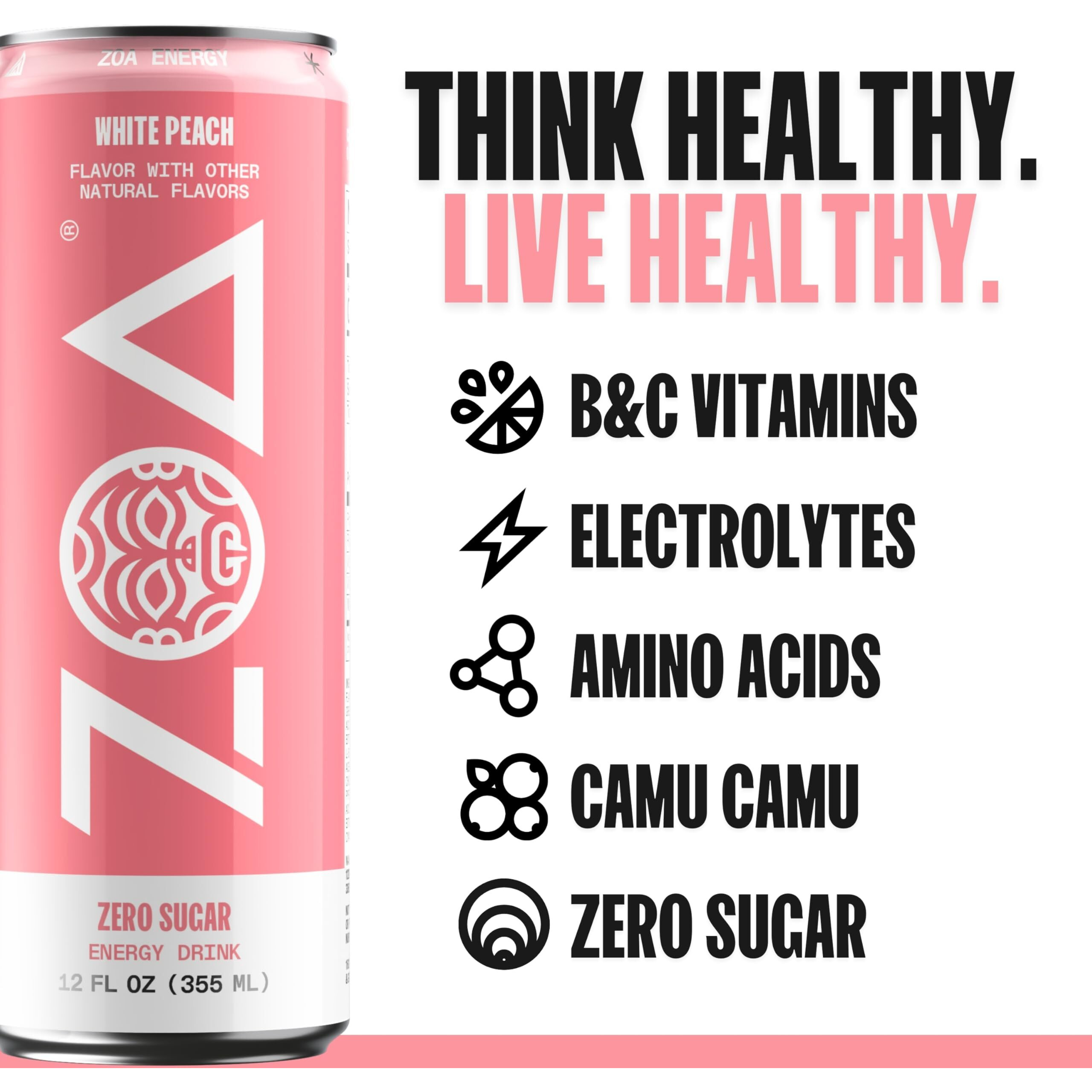 Zoa Zero Sugar Energy Drinks, White Peach - Sugar Free With Electrolytes, Healthy Vitamin C, Amino Acids, Essential B-Vitamins, And Caffeine From Green Tea - 12 Fl Oz (12-Pack)