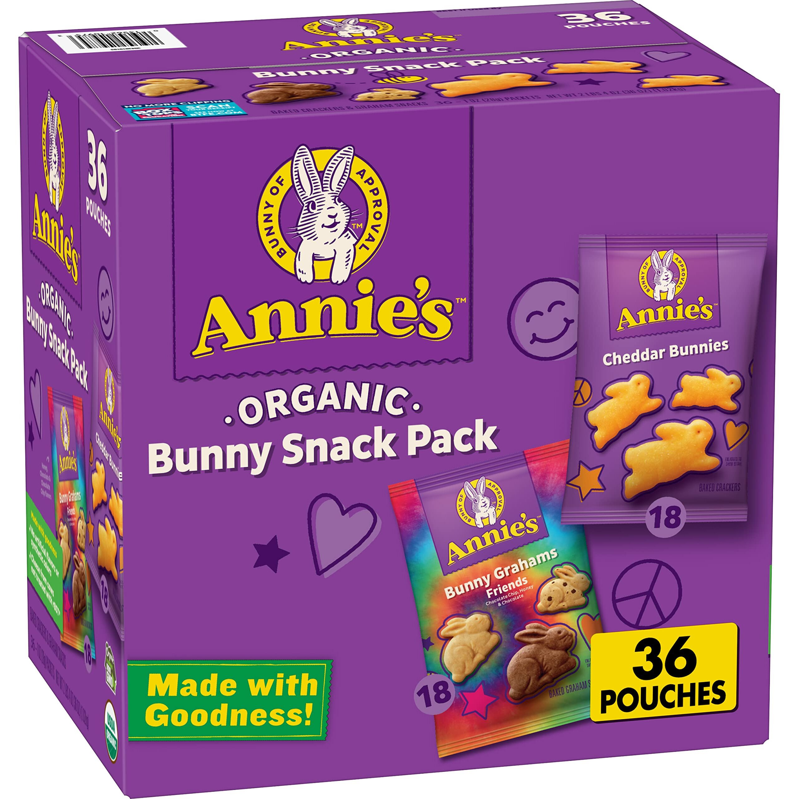 Annie's Homegrown Organic, Snack Variety Pack, Cheddar Bunnies And Bunny Grahams, 1 Oz, 36 Ct