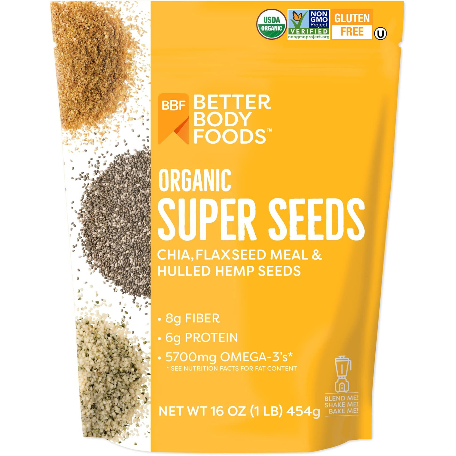 Betterbody Foods Superfood Organic Super Seeds - Blend Of Organic Chia Seeds, Milled Flax Seed, Hemp Hearts, Add To Smoothies Shakes & More, 1Lb, 16 Oz