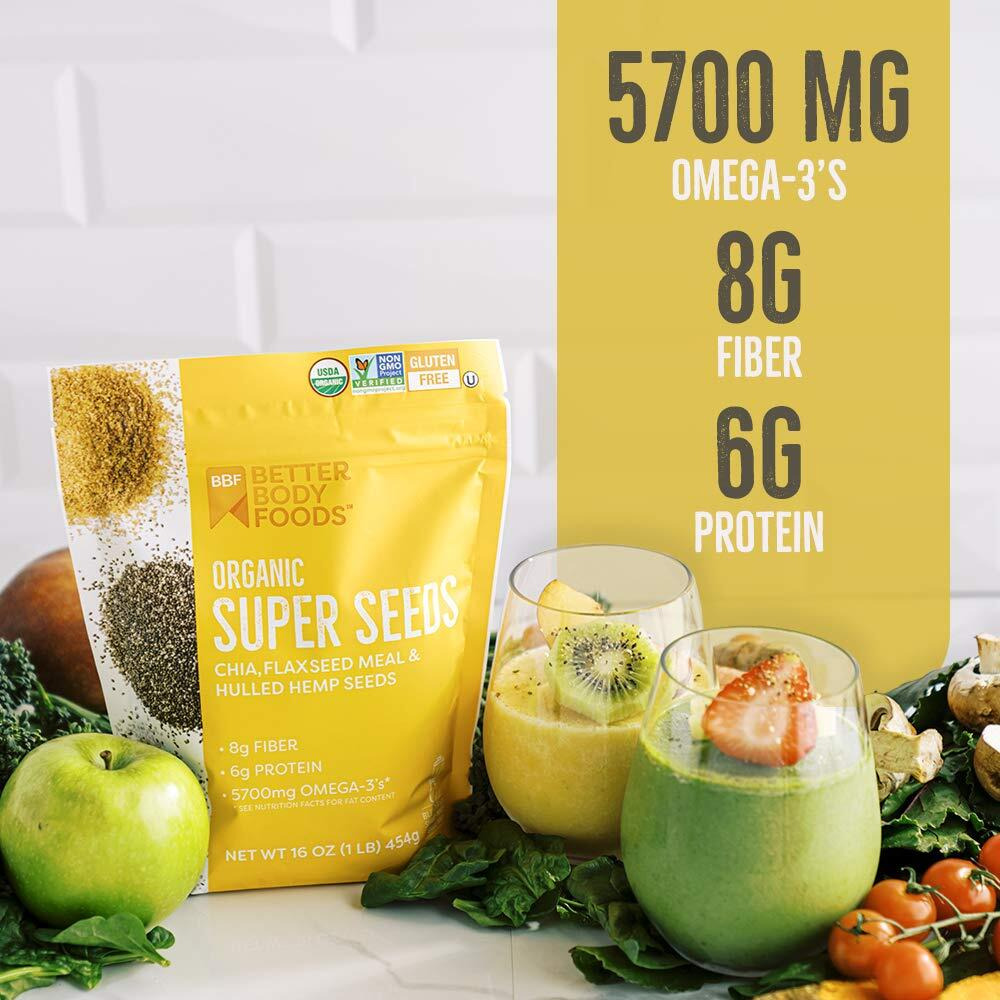 Betterbody Foods Superfood Organic Super Seeds - Blend Of Organic Chia Seeds, Milled Flax Seed, Hemp Hearts, Add To Smoothies Shakes & More, 1Lb, 16 Oz