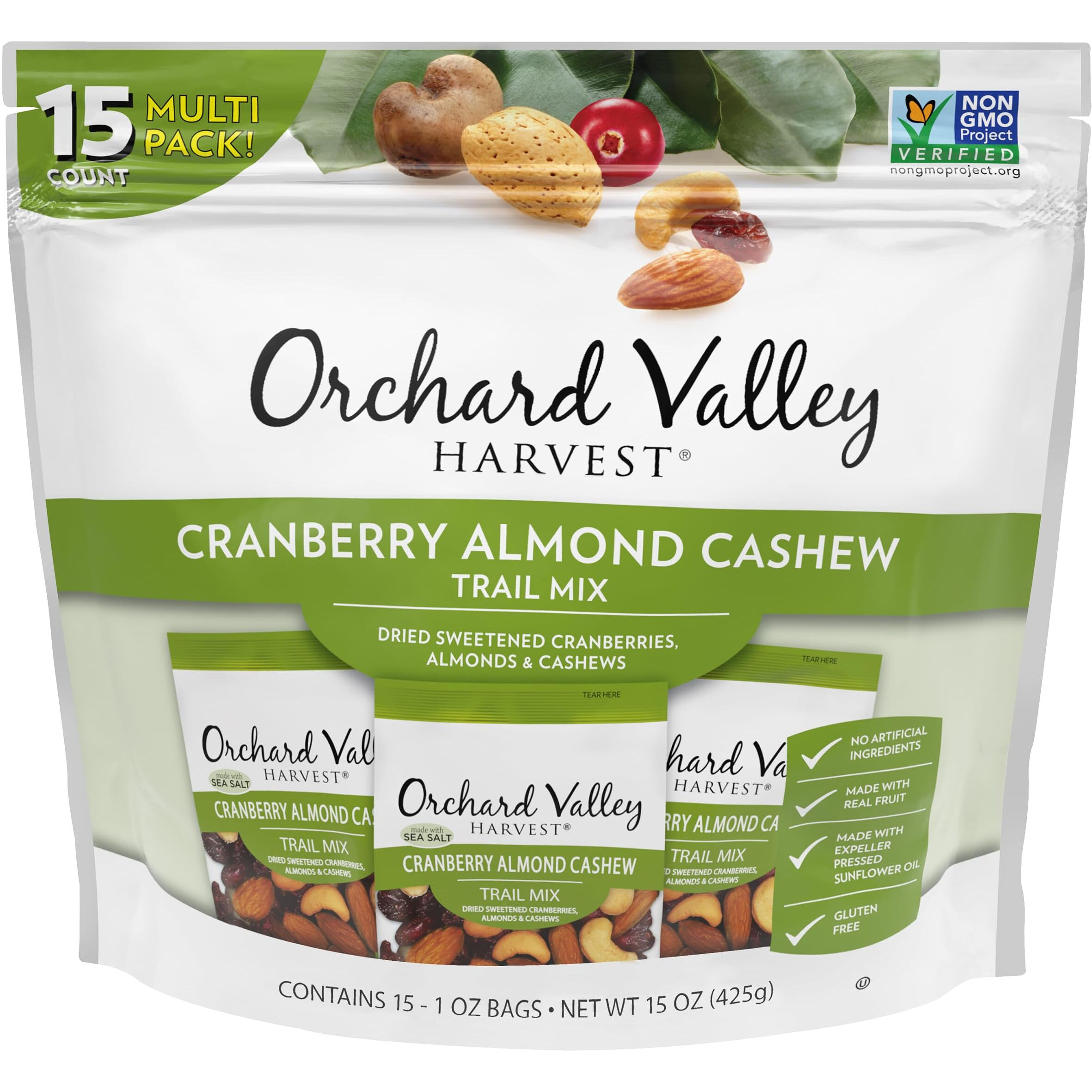 Orchard Valley Harvest Cranberry Almond Cashew Trail Mix, 1 Ounce Bags (Pack Of 15), Cranberries, Almonds, And Cashews, Non-Gmo, No Artificial Ingredients
