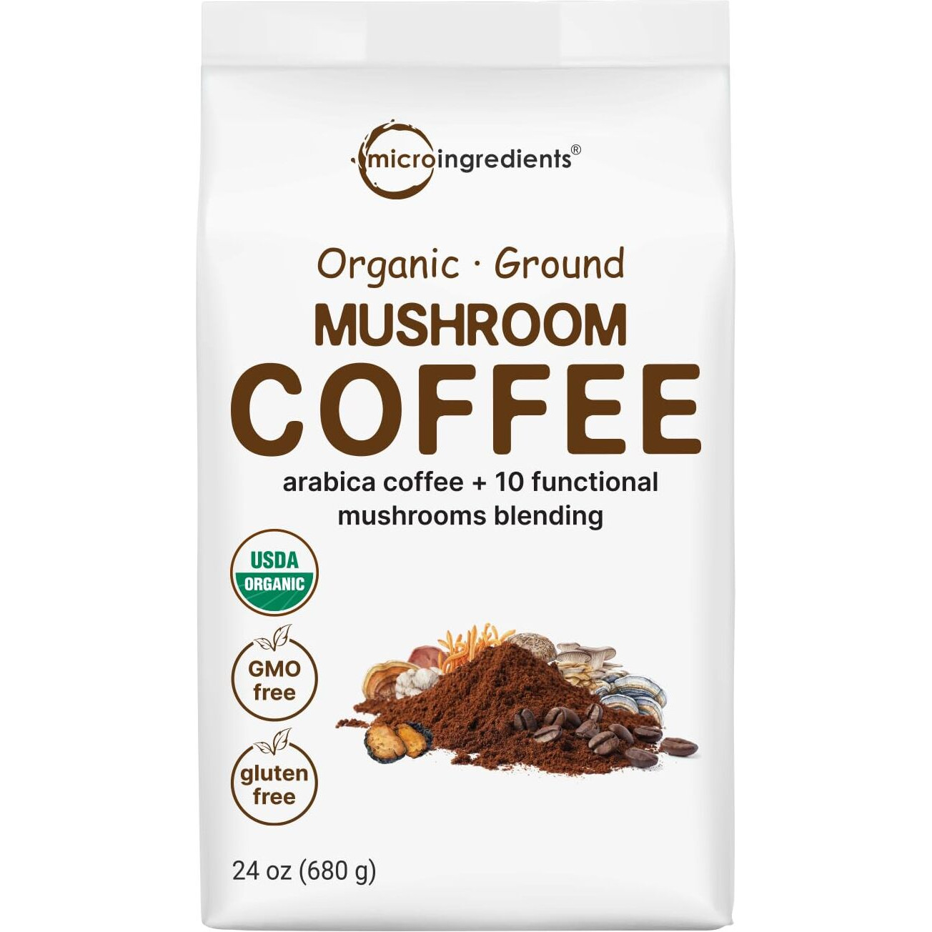 Micro Ingredients Organic 10 In 1 Ground Mushroom Coffee, 24 Ounce | Premium Arabica Coffee With Lion's Mane, Chaga, Reishi, & More | Smooth Medium Roast, Clean Energy, & Immune Support