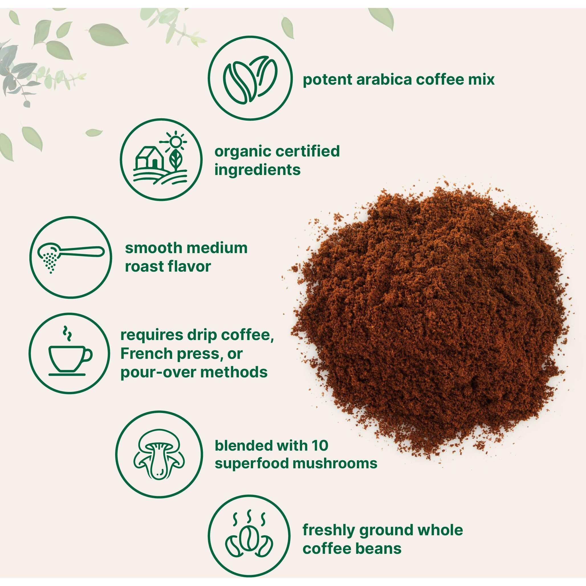 Micro Ingredients Organic 10 In 1 Ground Mushroom Coffee, 24 Ounce | Premium Arabica Coffee With Lion's Mane, Chaga, Reishi, & More | Smooth Medium Roast, Clean Energy, & Immune Support