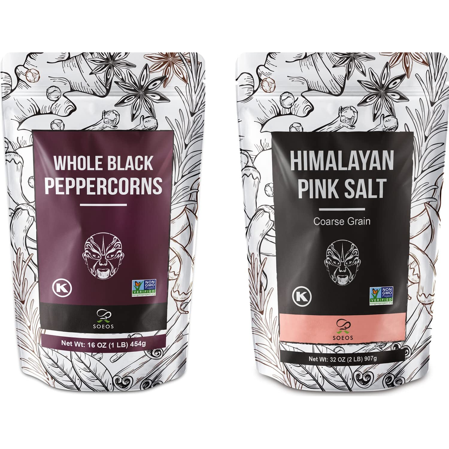 Soeos Whole Black Peppercorns 16Oz + Himalayan Pink Salt 2Lb, Salt And Pepper For Grinders, Black Peppercorn Refil, Pink Himalayan Sea Salt, 2 Piece Set