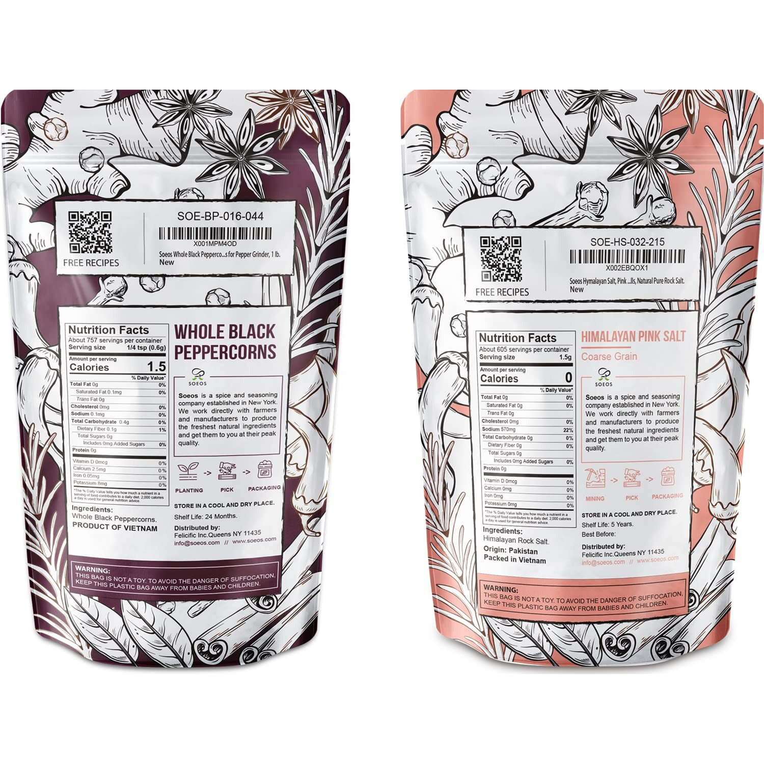 Soeos Whole Black Peppercorns 16Oz + Himalayan Pink Salt 2Lb, Salt And Pepper For Grinders, Black Peppercorn Refil, Pink Himalayan Sea Salt, 2 Piece Set