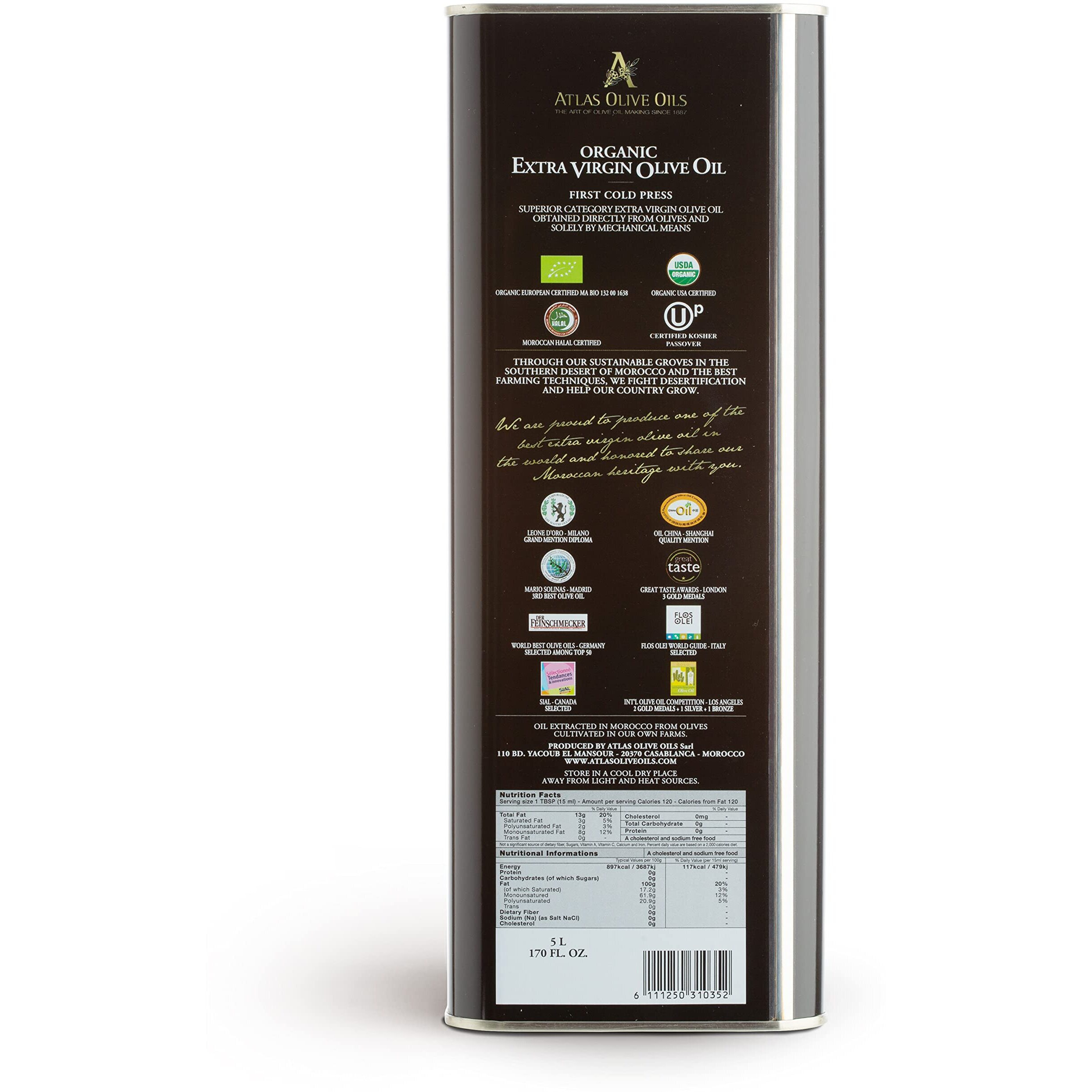 A Atlas Olive Oils Bulk Organic Cold Pressed Moroccan Extra Virgin Olive Oil, Polyphenol Rich, Newly Harvested Unprocessed From One Single Family Farm Cold Press Ext. Virgin 170 Fl Oz (Pack Of 1)