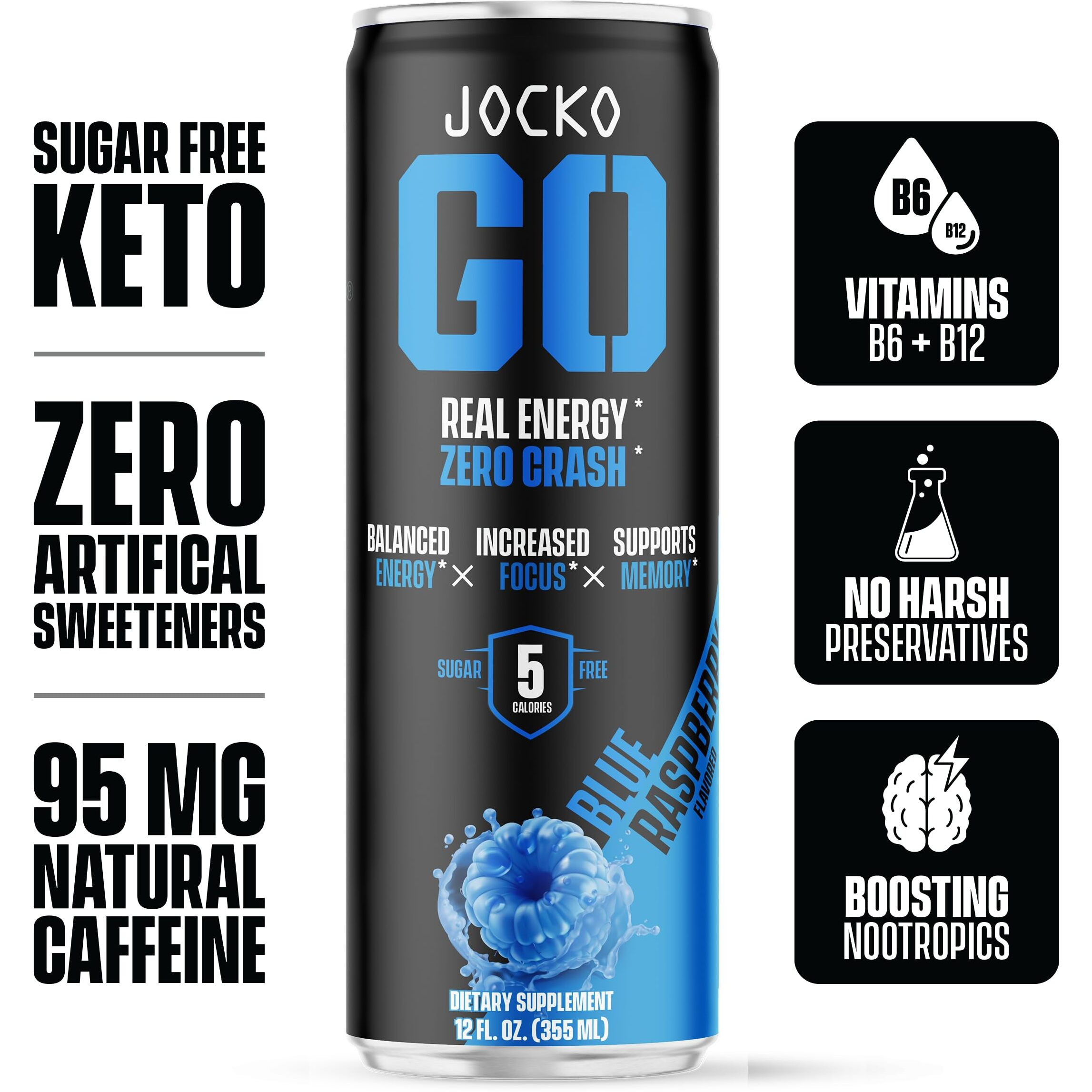 Jocko Fuel Blue Raspberry Energy Drink, 12 Pack, 0 Sugar, 95Mg Caffeine, Supports Brain Health