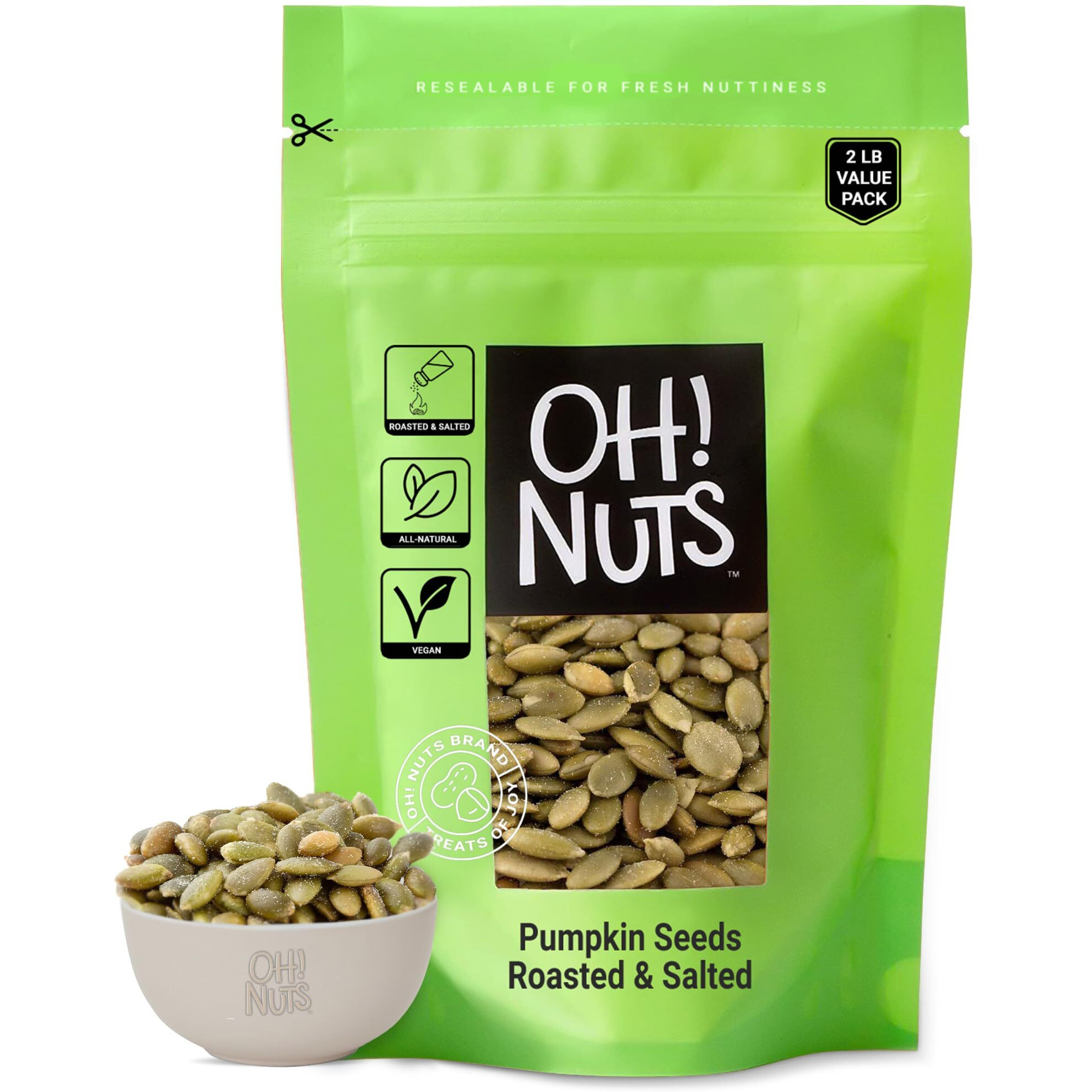 Pumpkin Seeds | Roasted Salted | 2 Lb | No Shell Pepitas | Packed In New York Zip-Seal Bag For Exceptional Freshness By Oh Nuts